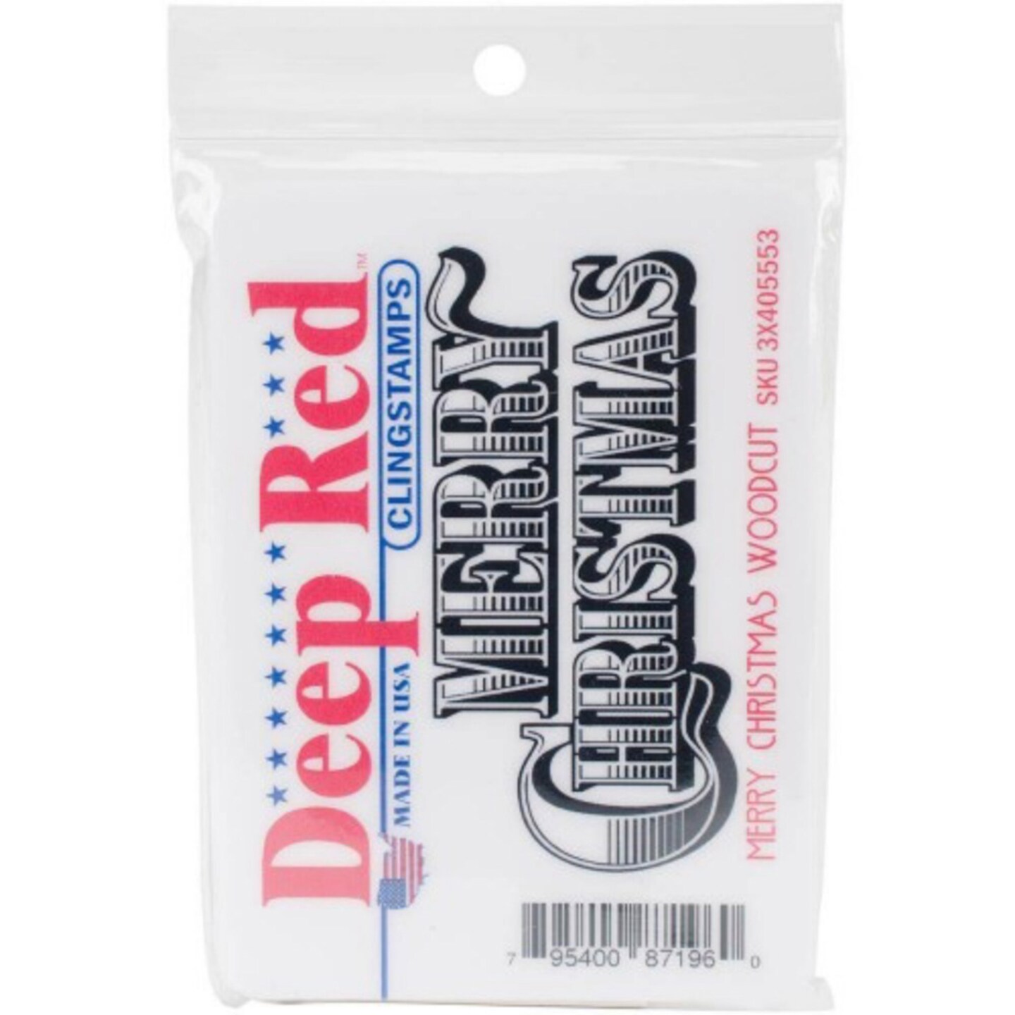 Deep Red Stamps Merry Christmas Woodcut Rubber Cling Stamp 3 x 1.4 inches