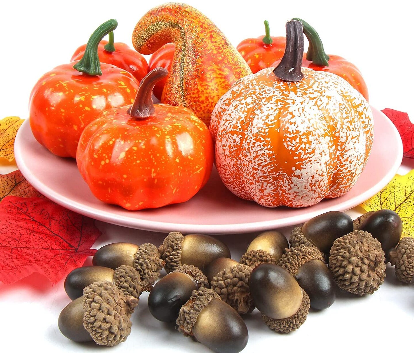 Artificial Harvest Decoration Mini Pumpkins Fall Leaves Pine Cones Acorns Thanksgiving Halloween Party Decoration