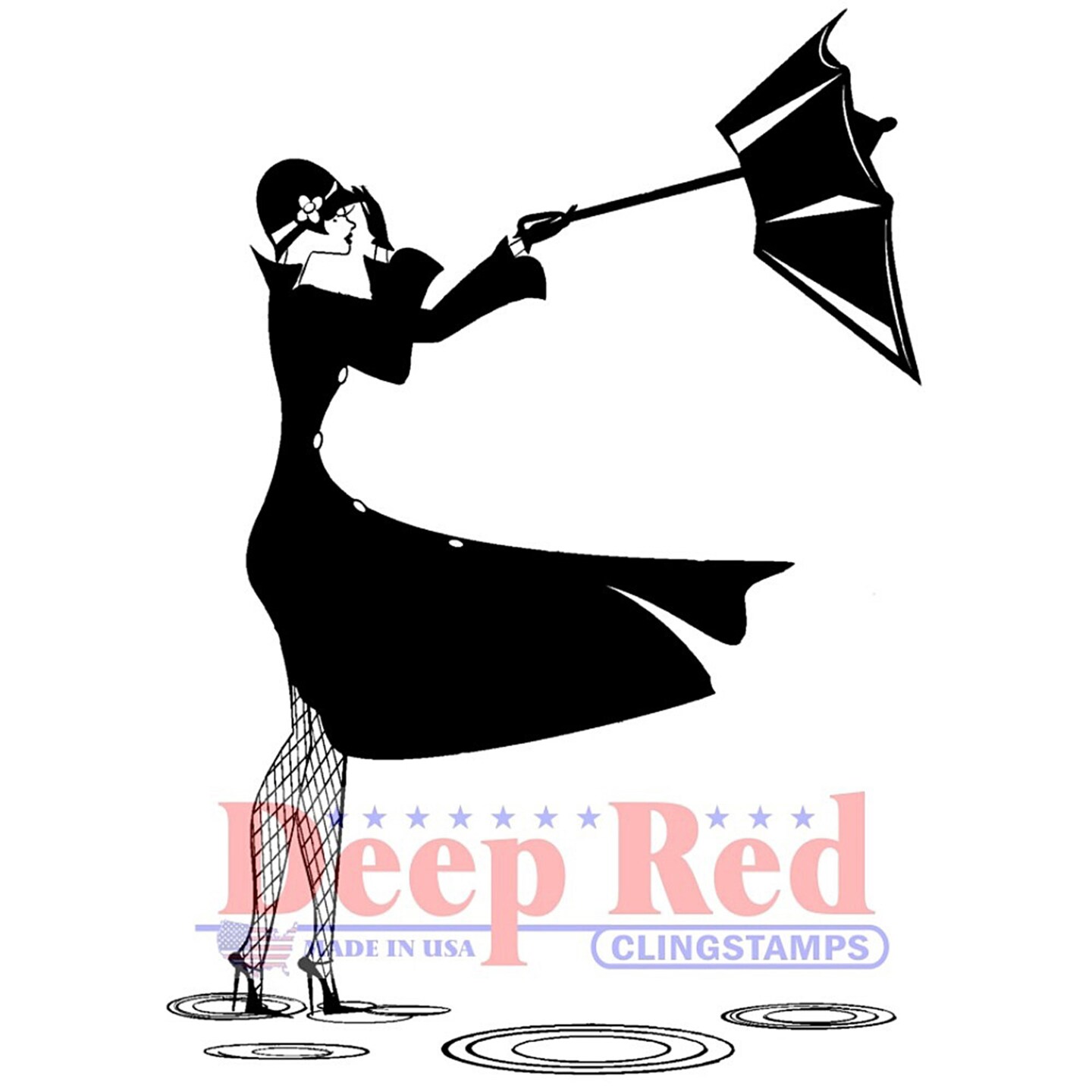 Deep Red Stamps Retro Unmbrella Girl Rubber Cling Stamp 2 x 3 inches
