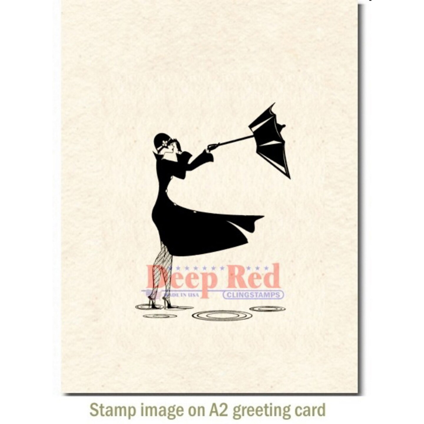 Deep Red Stamps Retro Unmbrella Girl Rubber Cling Stamp 2 x 3 inches