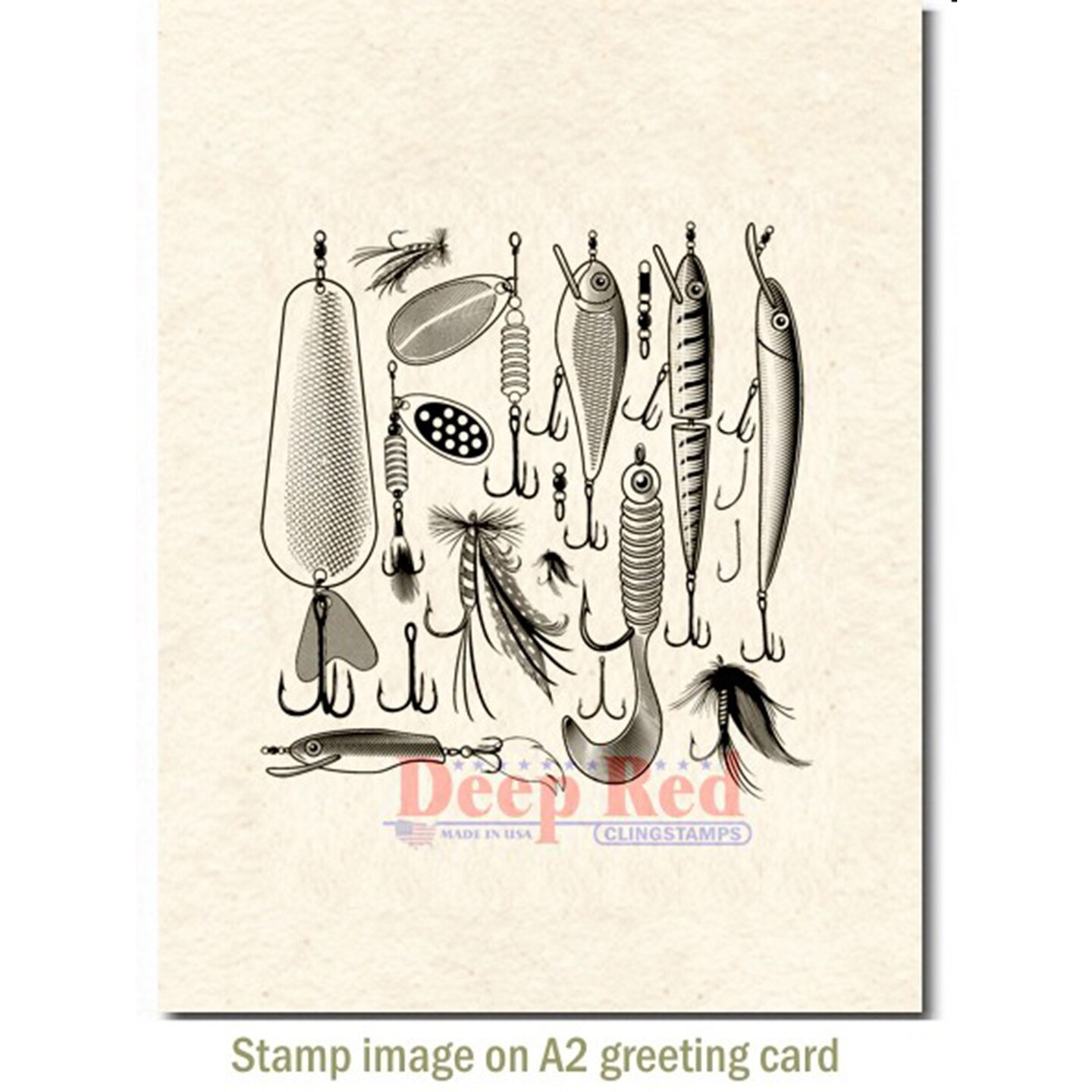 Deep Red Stamps Fishing Lures Background Rubber Cling Stamp 3 x 3 inches