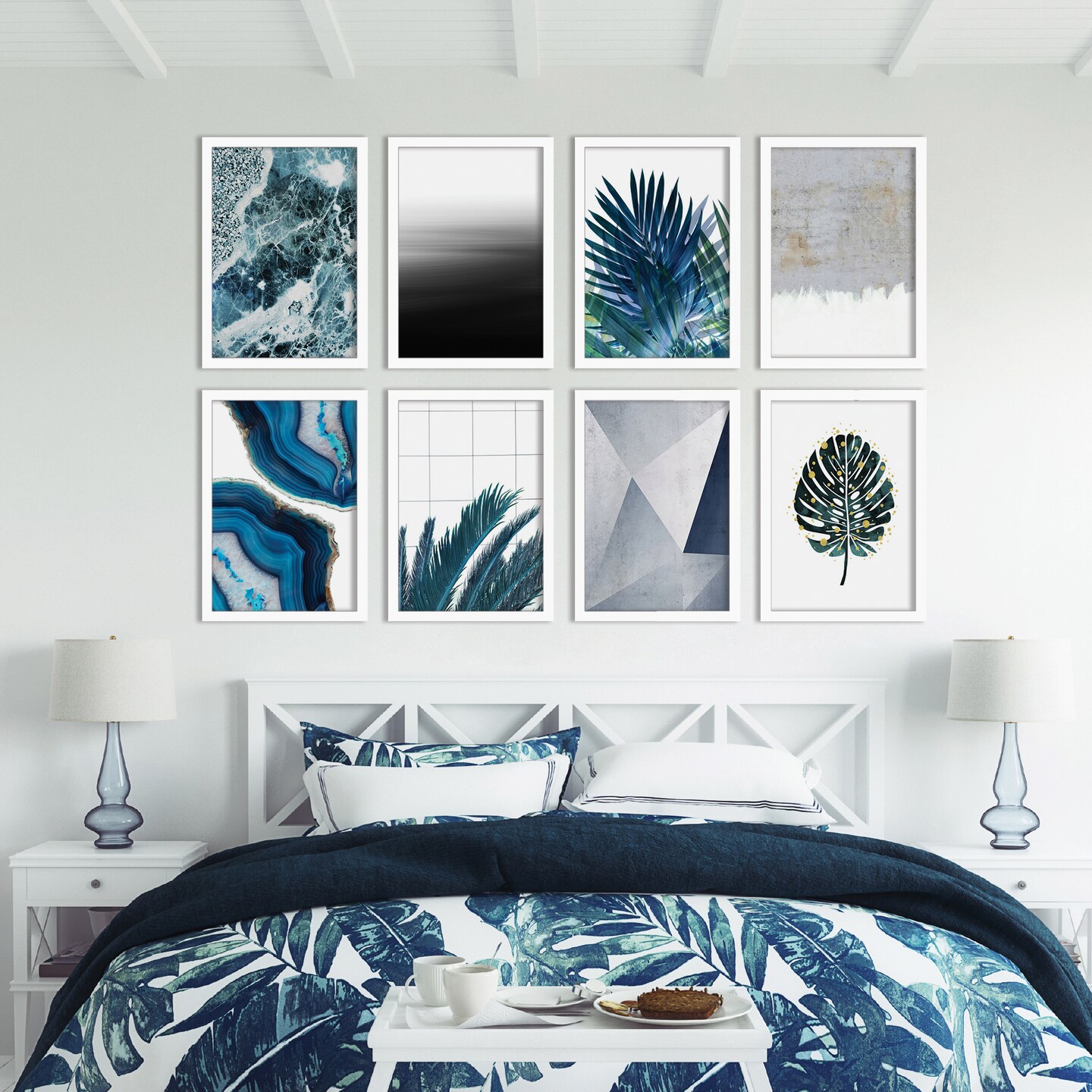 Industrial Blue Palms by Emanuela Carratoni - 8 Piece Framed Art Set