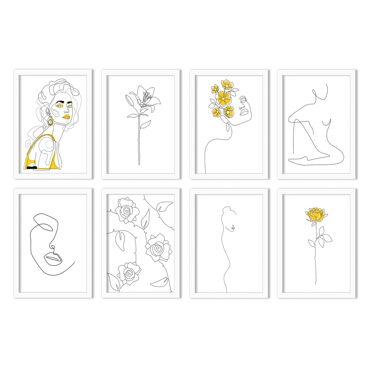 Yellow Femme Line Art by Explicit Design - 8 Piece Framed Art Set