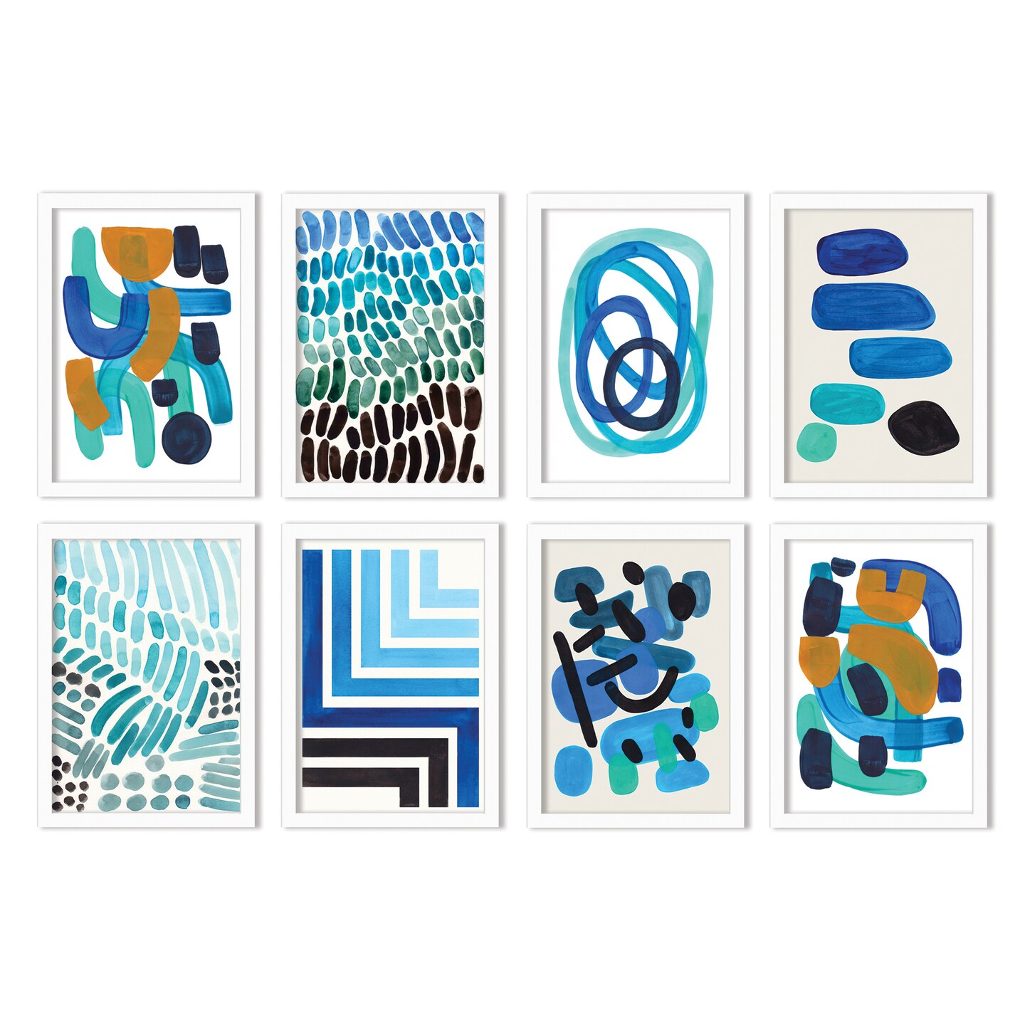 Geo Blue Brushstrokes by Ejaaz Haniff - 8 Piece Framed Art Set