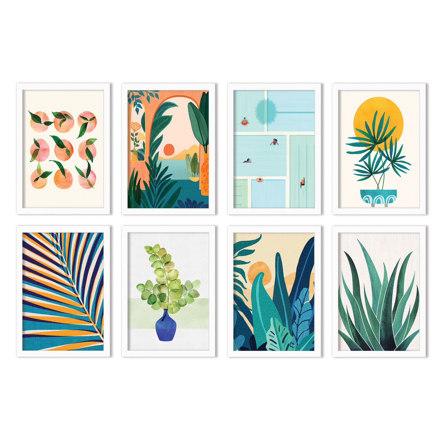 Tropical Palms In Paradise by Modern Tropical - 8 Piece Framed Art Set