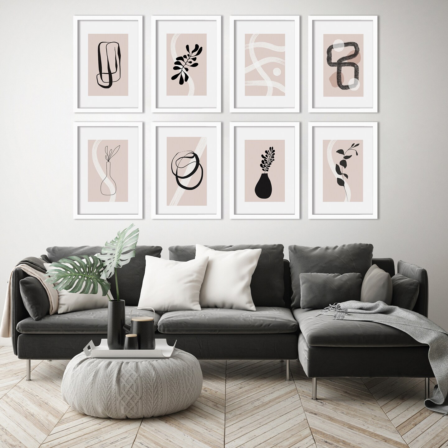 Blush and Black Abstract by Word Up Creative - 8 Piece Framed Art Set