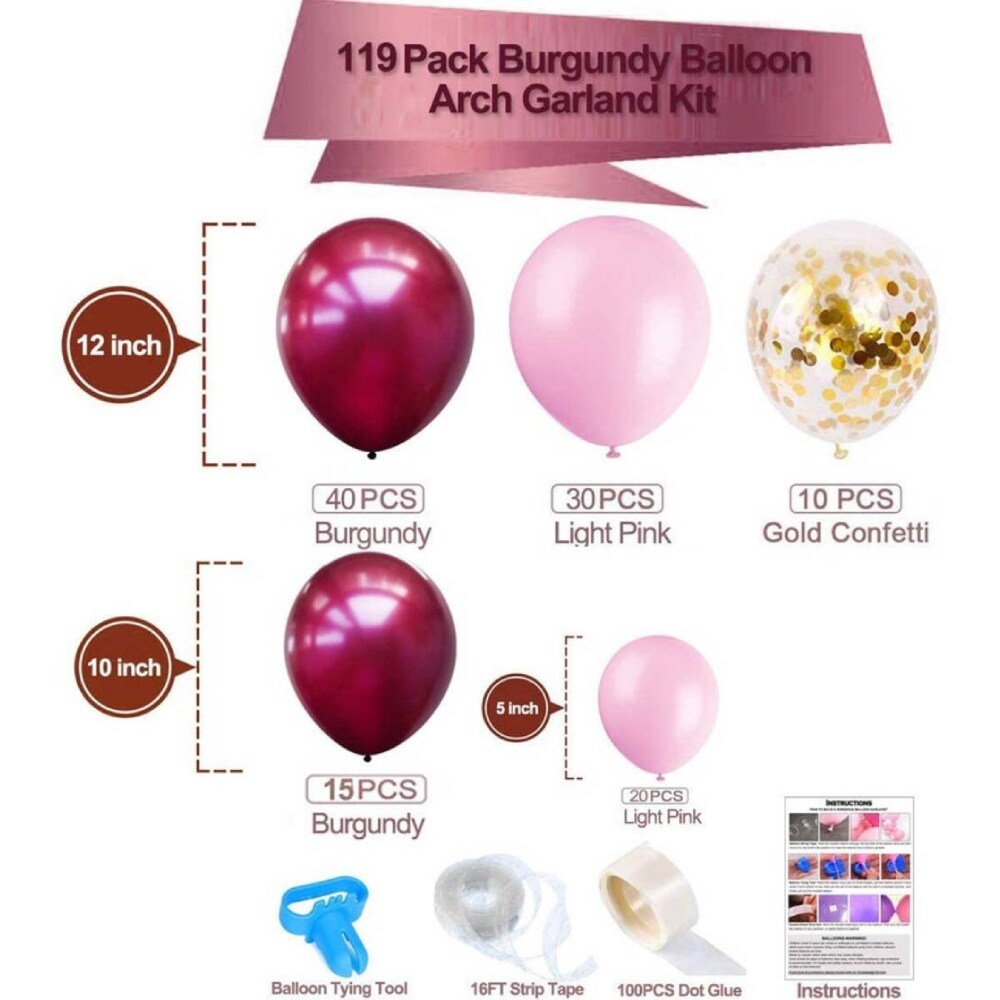 118Pcs Burgundy Pink Balloon Arch Garland Kit Gold Confetti Balloons