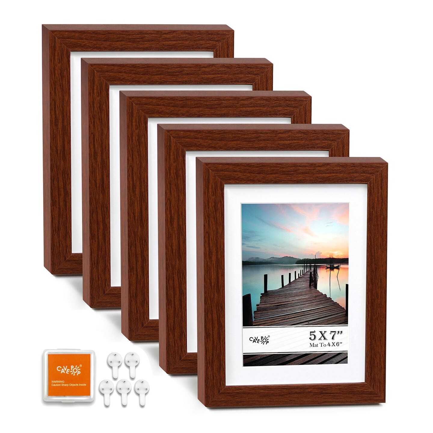 4 X 6 Picture Frame w-Mat/5 X 7 without Mat - Walnut - 5 Units