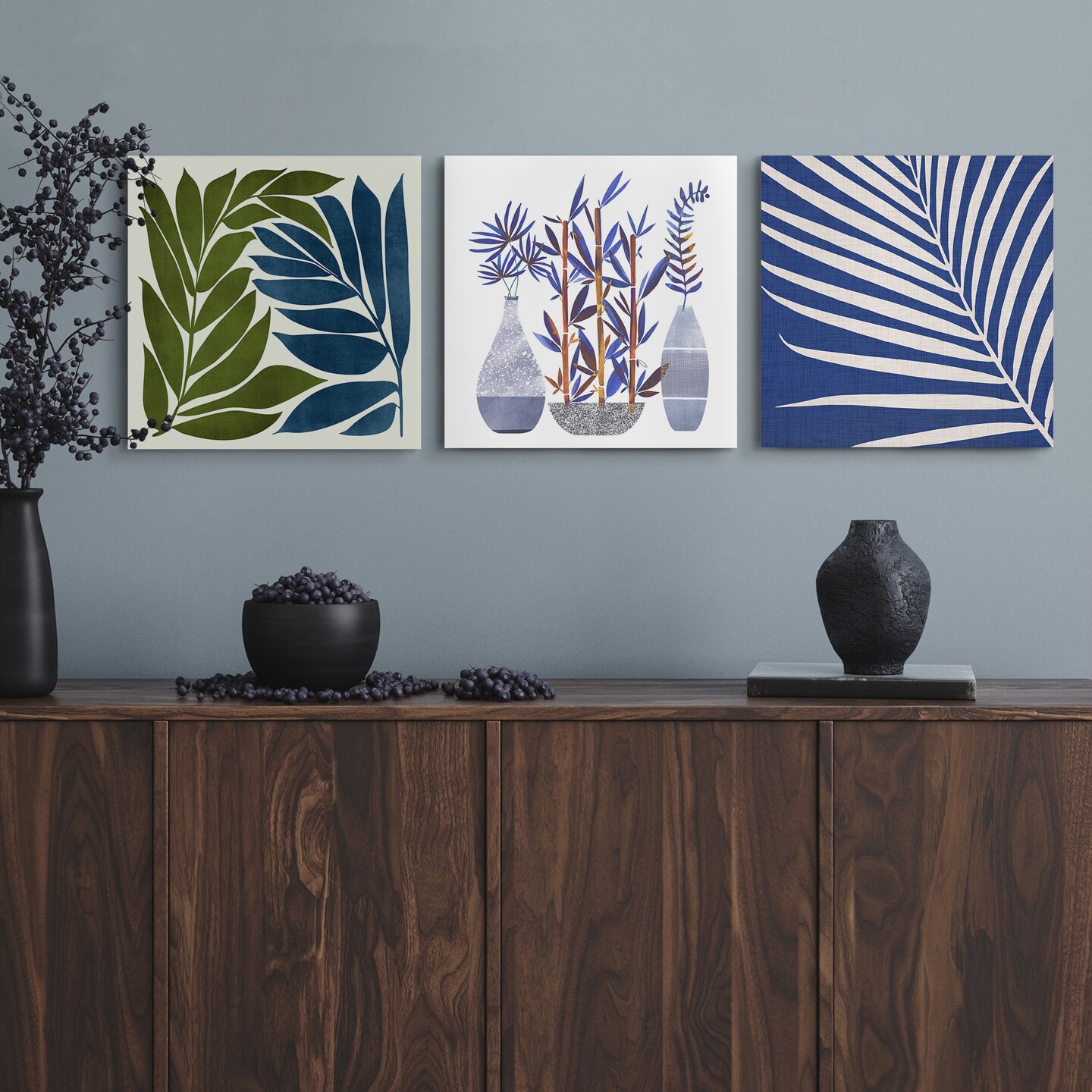 Indigo Flora Trio By Modern Tropical - 3 Piece Canvas Set