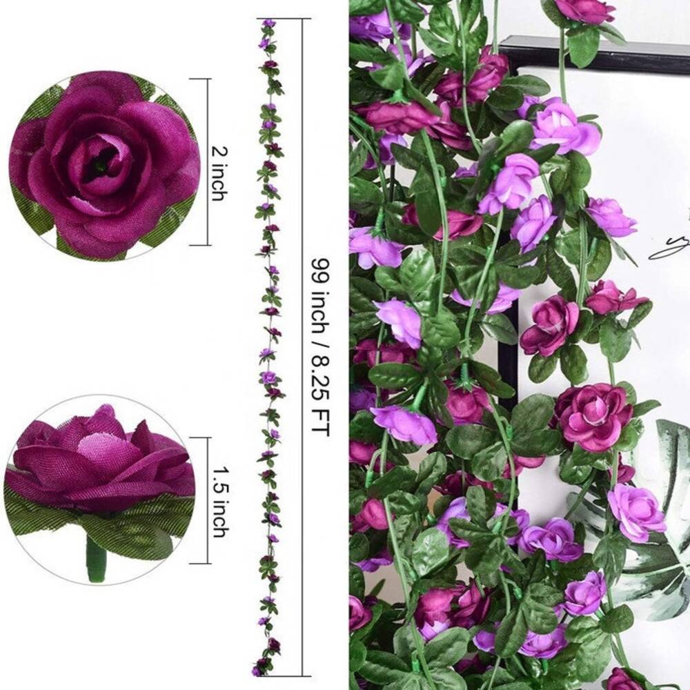 5pack Artificial Rose Rattan Garland Fake Rose Vine Hanging Rose Ivy Purple Flowers Home Hotel Office Wedding Party Garden Craft Art Decoration