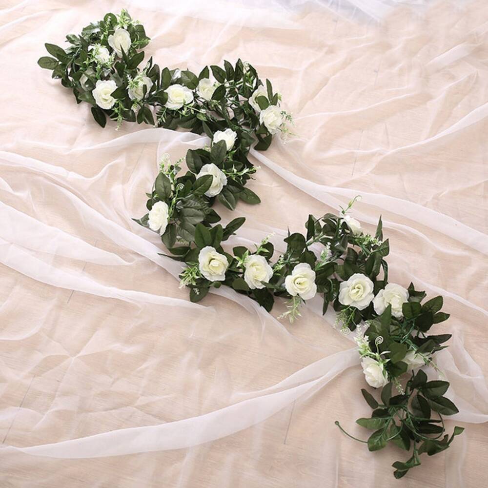 7.5ft Fake Rose Garland Artificial Silk White Flower Vines Hanging Floral Garland Wedding Arch Decor