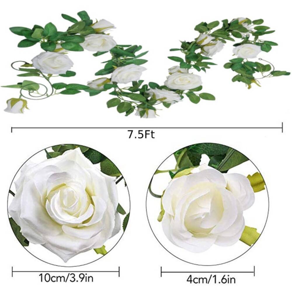 7.5ft Fake Rose Garland Artificial Silk White Flower Vines Hanging Floral Garland Wedding Arch Decor