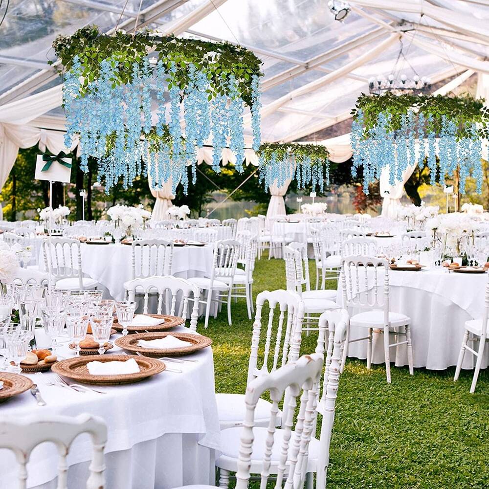 12pcs Artificial Wisteria Vine Hanging Rattan Garland Silk Flower for Wedding Party Home Garden Outdoor Ceremony Floral Décor, Blue