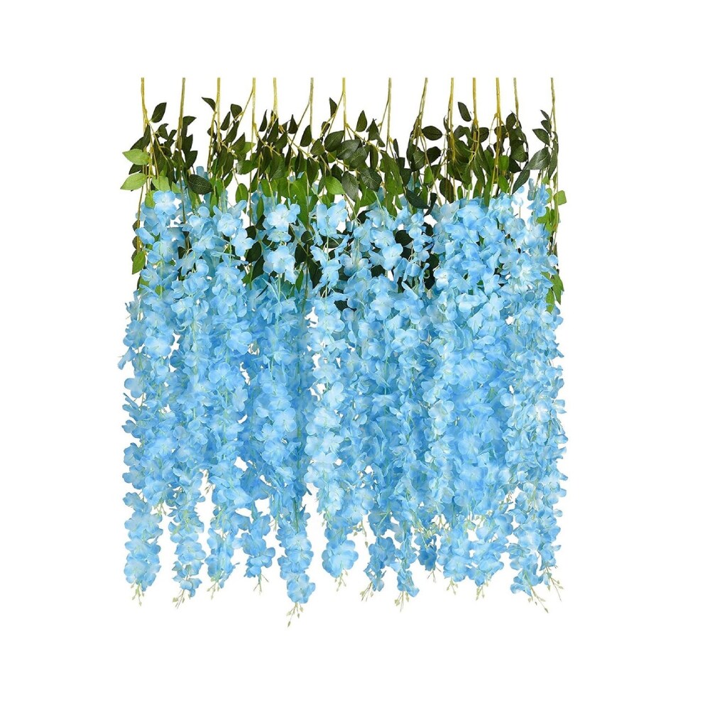 12pcs Artificial Wisteria Vine Hanging Rattan Garland Silk Flower for Wedding Party Home Garden Outdoor Ceremony Floral D&#xE9;cor, Blue