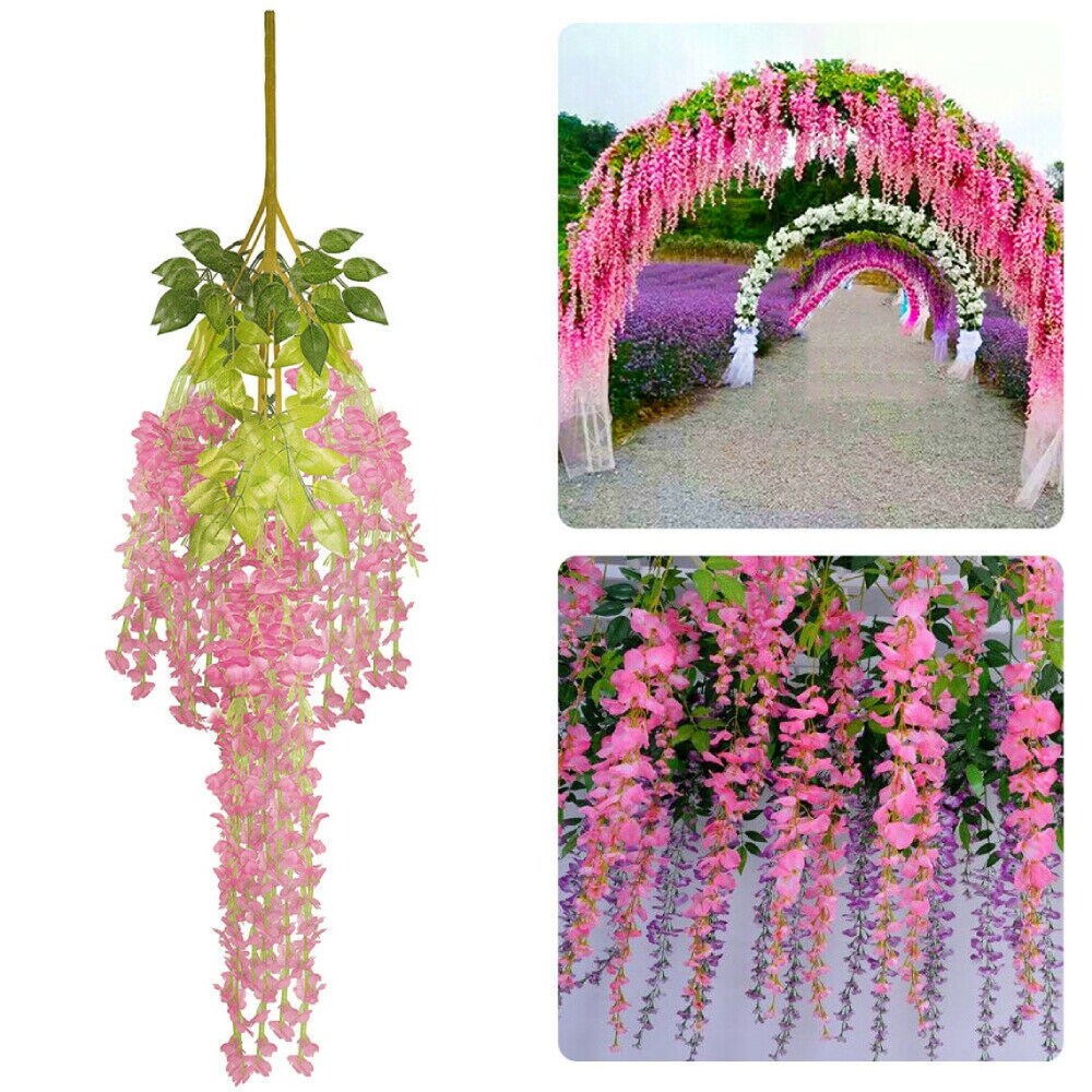 12pcs Artificial Wisteria Vine Hanging Rattan Garland Silk Flower for Wedding Party Home Garden Outdoor Ceremony Floral Décor, Pink