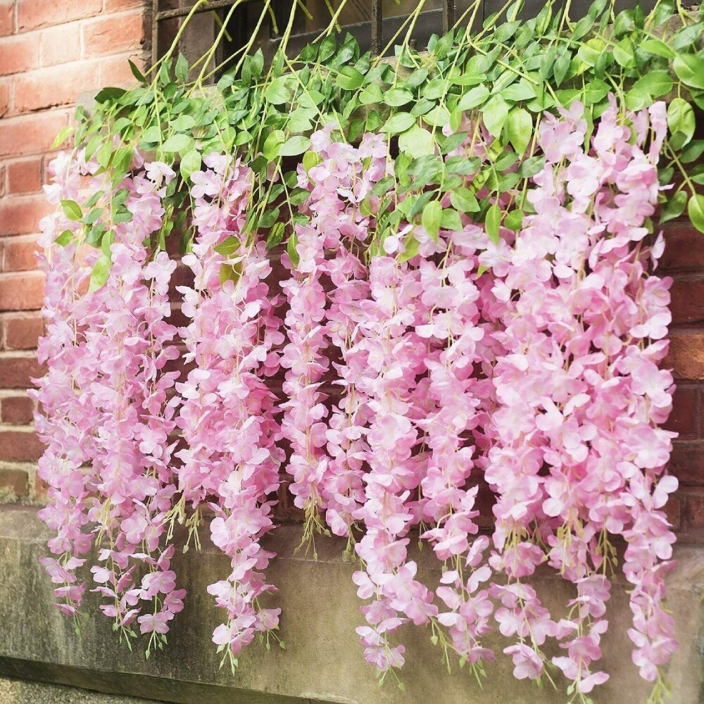12pcs Artificial Wisteria Vine Hanging Rattan Garland Silk Flower for Wedding Party Home Garden Outdoor Ceremony Floral Décor, Pink