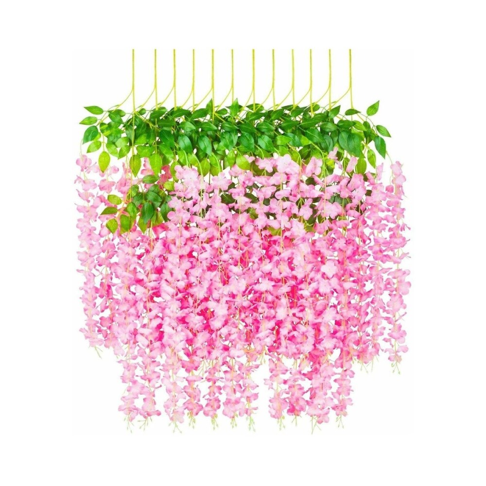 12pcs Artificial Wisteria Vine Hanging Rattan Garland Silk Flower for Wedding Party Home Garden Outdoor Ceremony Floral Décor, Pink