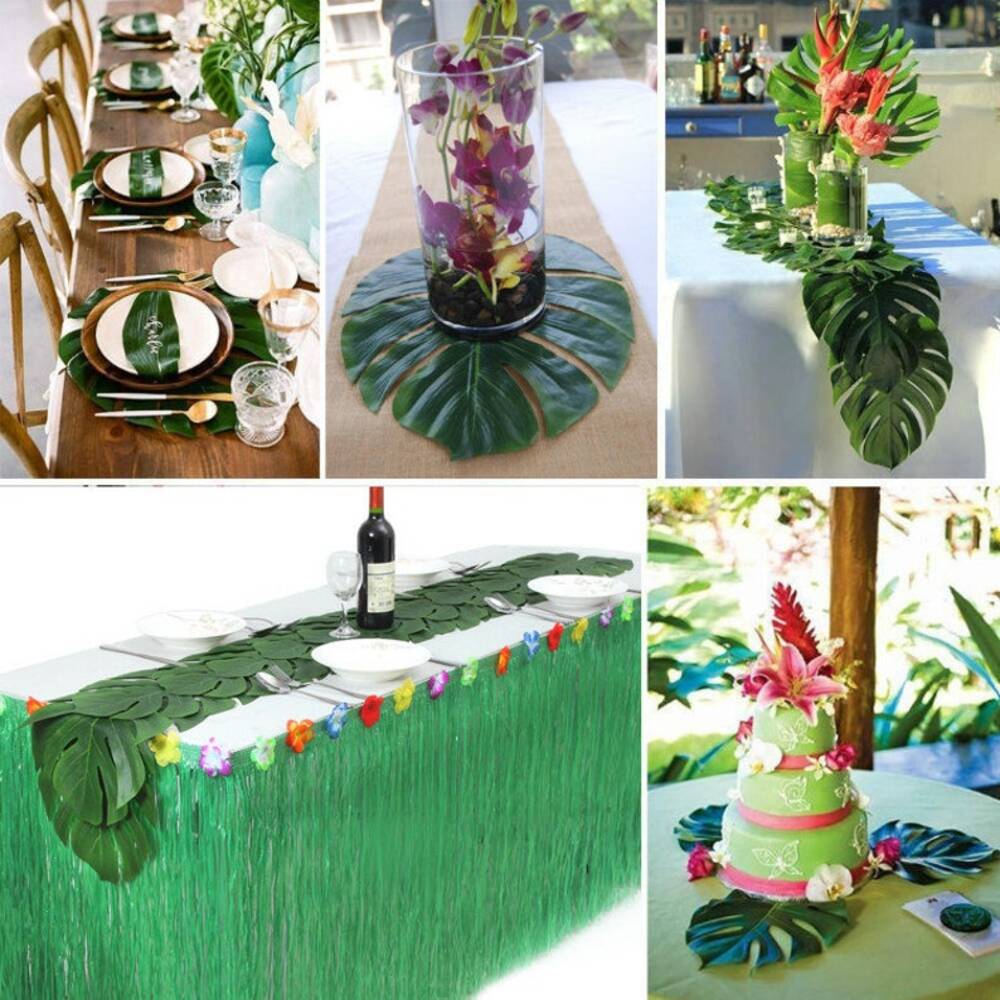 24pcs 6 Inch Artificial Palm Leaves Tropical Leaves Stems Jungle Leaves Hawaiian Luau Party Beach Baby Shower Wedding Birthday Table Decorations