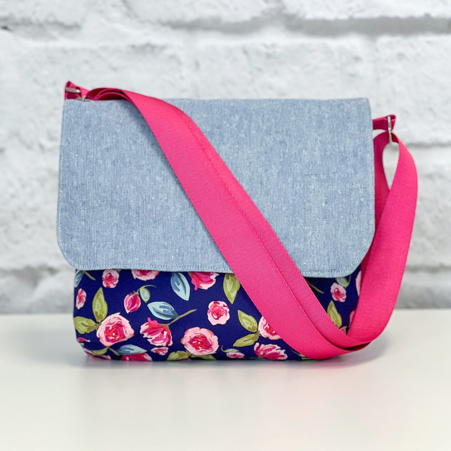 Messenger Bag Sewing Kit Navy and Hot Pink Floral with Chambray Michaels