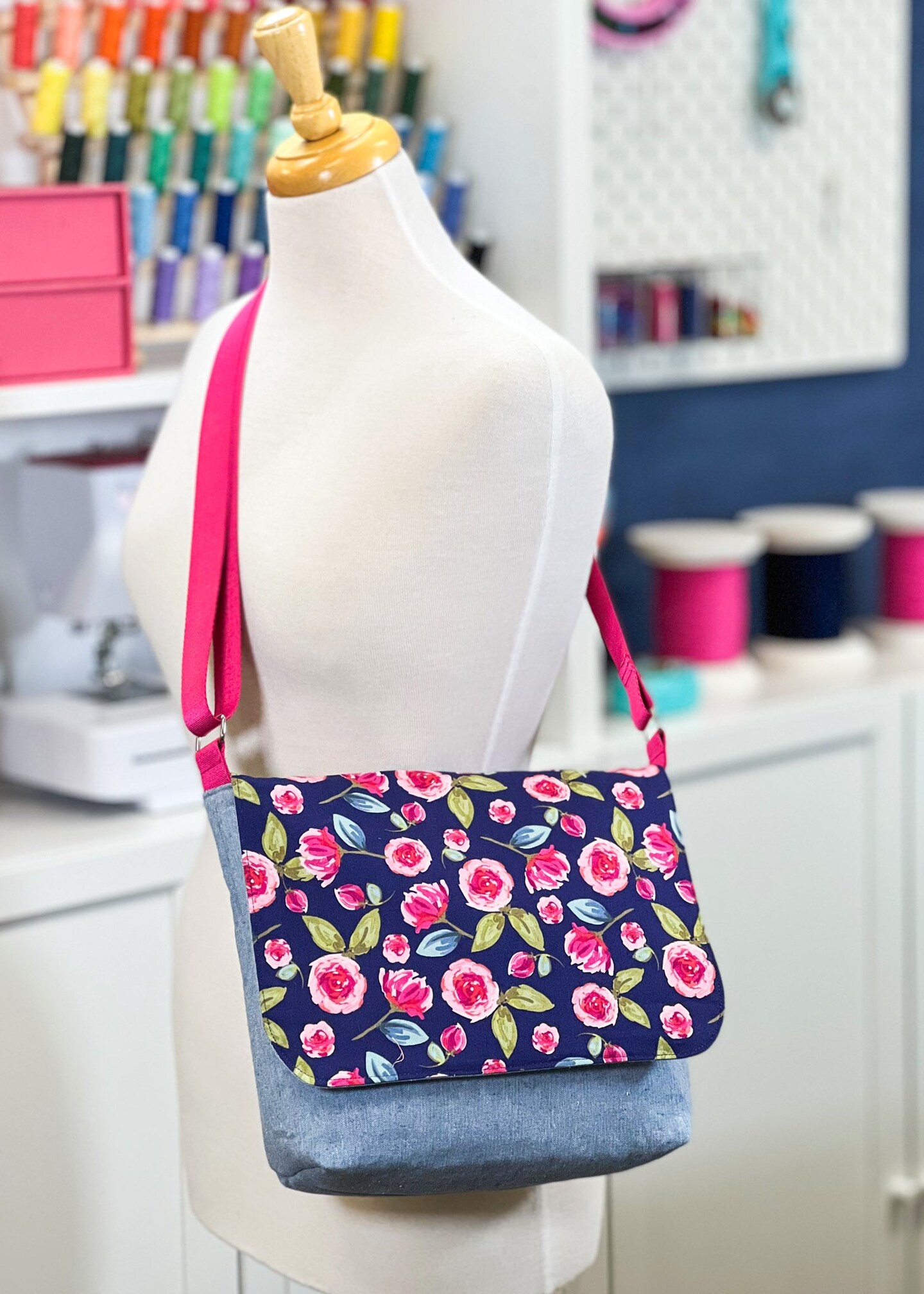 Messenger Bag Sewing Kit Navy and Hot Pink Floral with Chambray Michaels