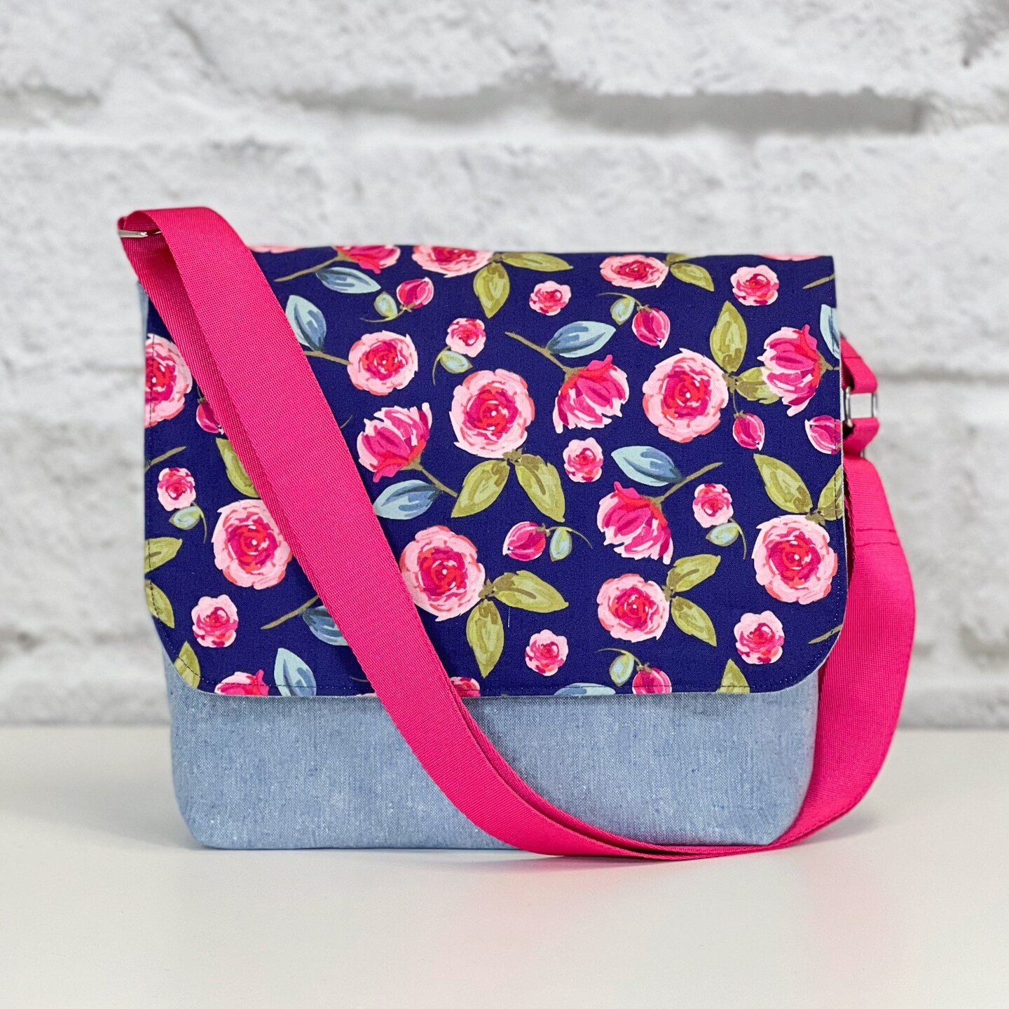 Messenger Bag Sewing Kit Navy and Hot Pink Floral with Chambray Michaels