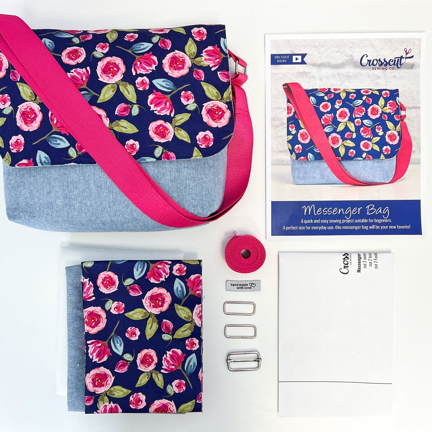 Messenger Bag Sewing Kit Navy and Hot Pink Floral with Chambray Michaels