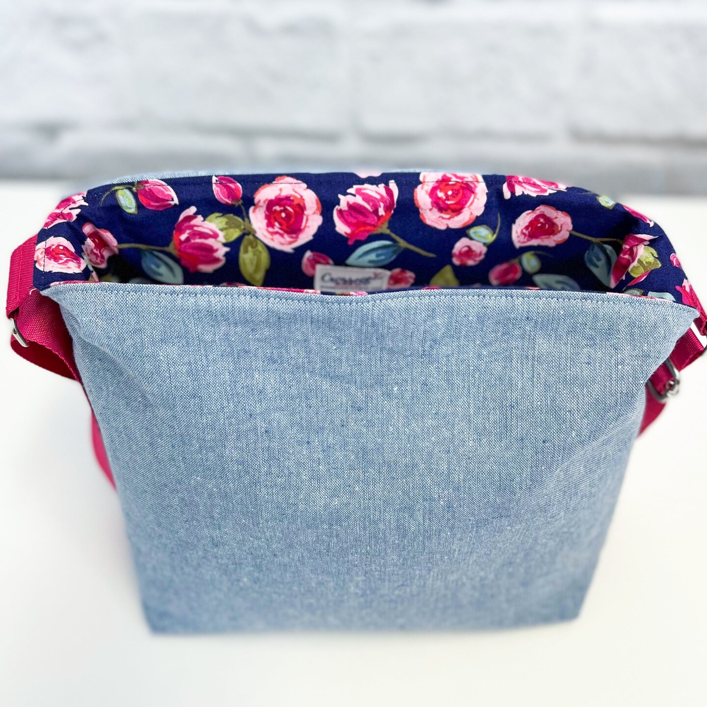 Messenger Bag Sewing Kit Navy and Hot Pink Floral with Chambray Michaels