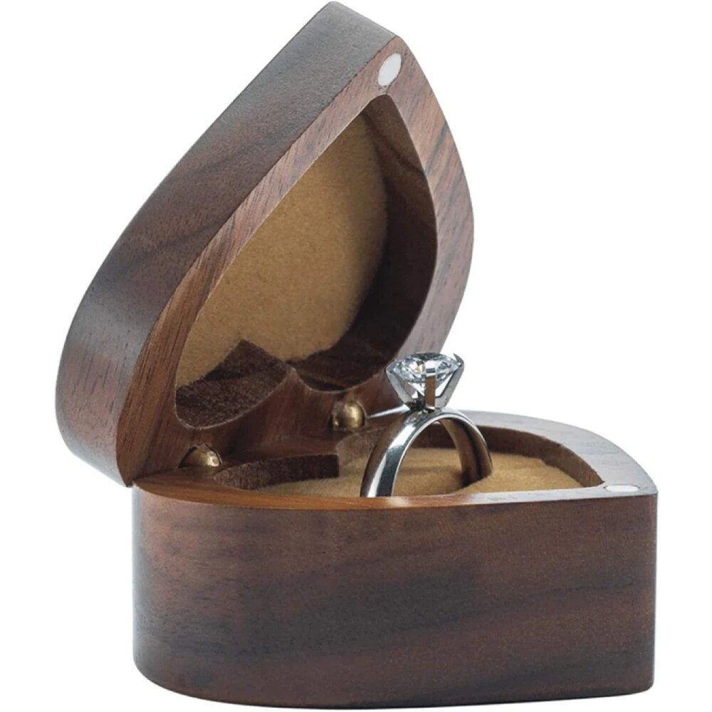 Wooden Ring Box Engagement Heart Shaped Proposal Bridal Wedding Ceremony Black Walnut Wood