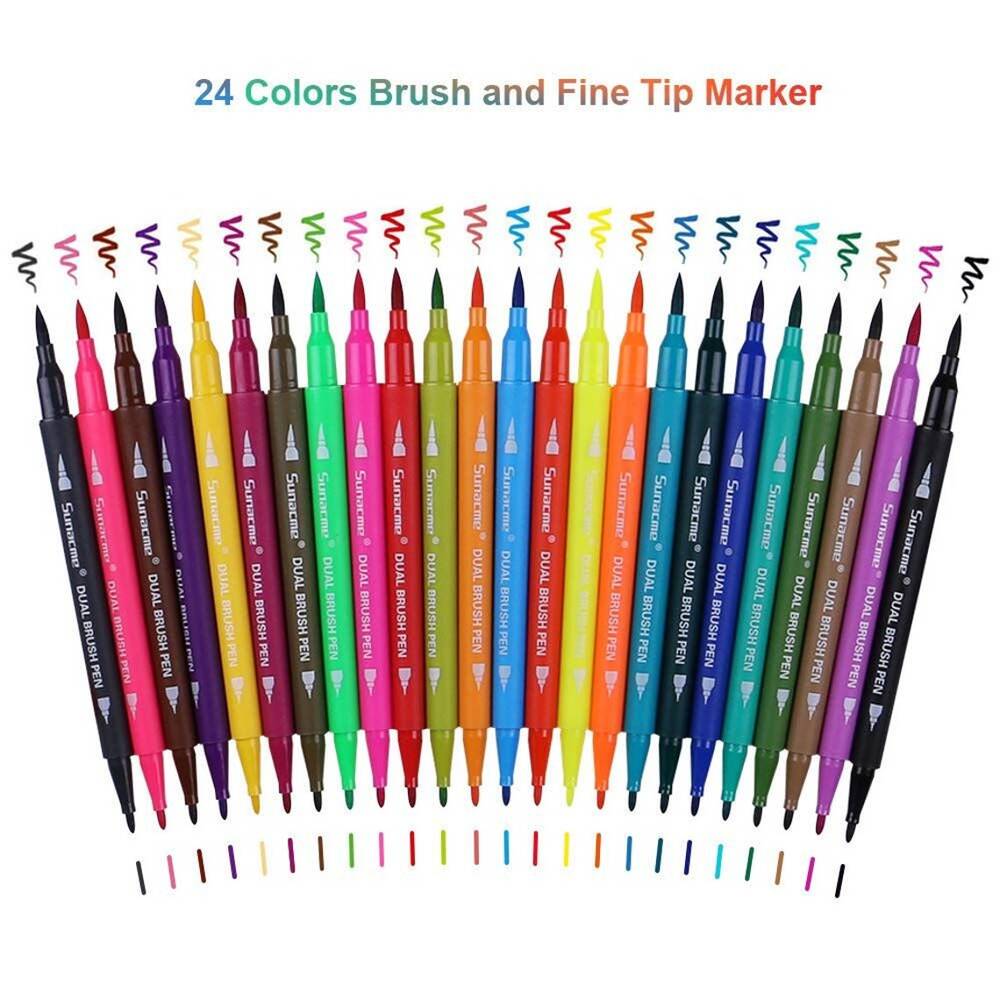 24 Dual Tip Brush Pen Art Markers Calligraphy Brush Pens Lettering Brush Fine Tip Marker Coloring Sketching Writing Journaling