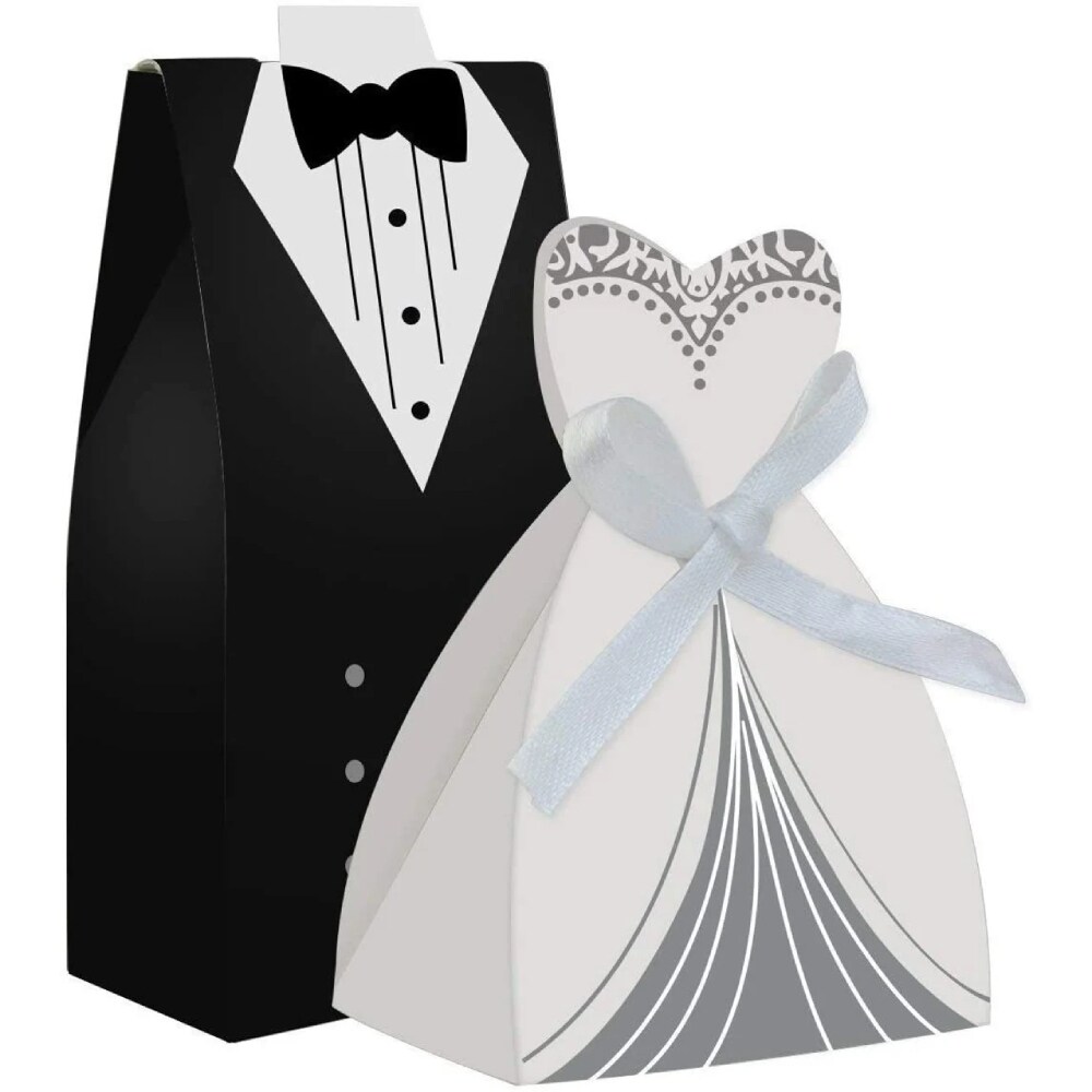 100 Pairs Wedding Party Favor Boxes Dress & Tuxedo Groom Bridal Candy Gift Box with Ribbon Wholesale Wedding Favors