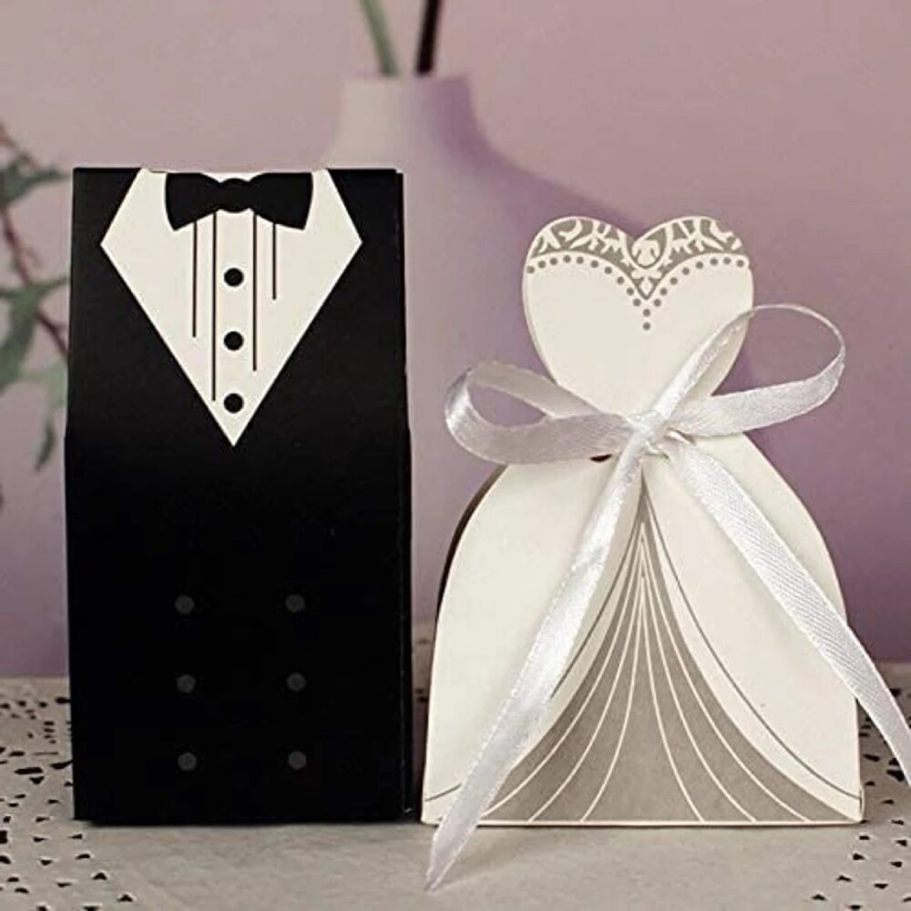 100 Pairs Wedding Party Favor Boxes Dress &#x26; Tuxedo Groom Bridal Candy Gift Box with Ribbon Wholesale Wedding Favors