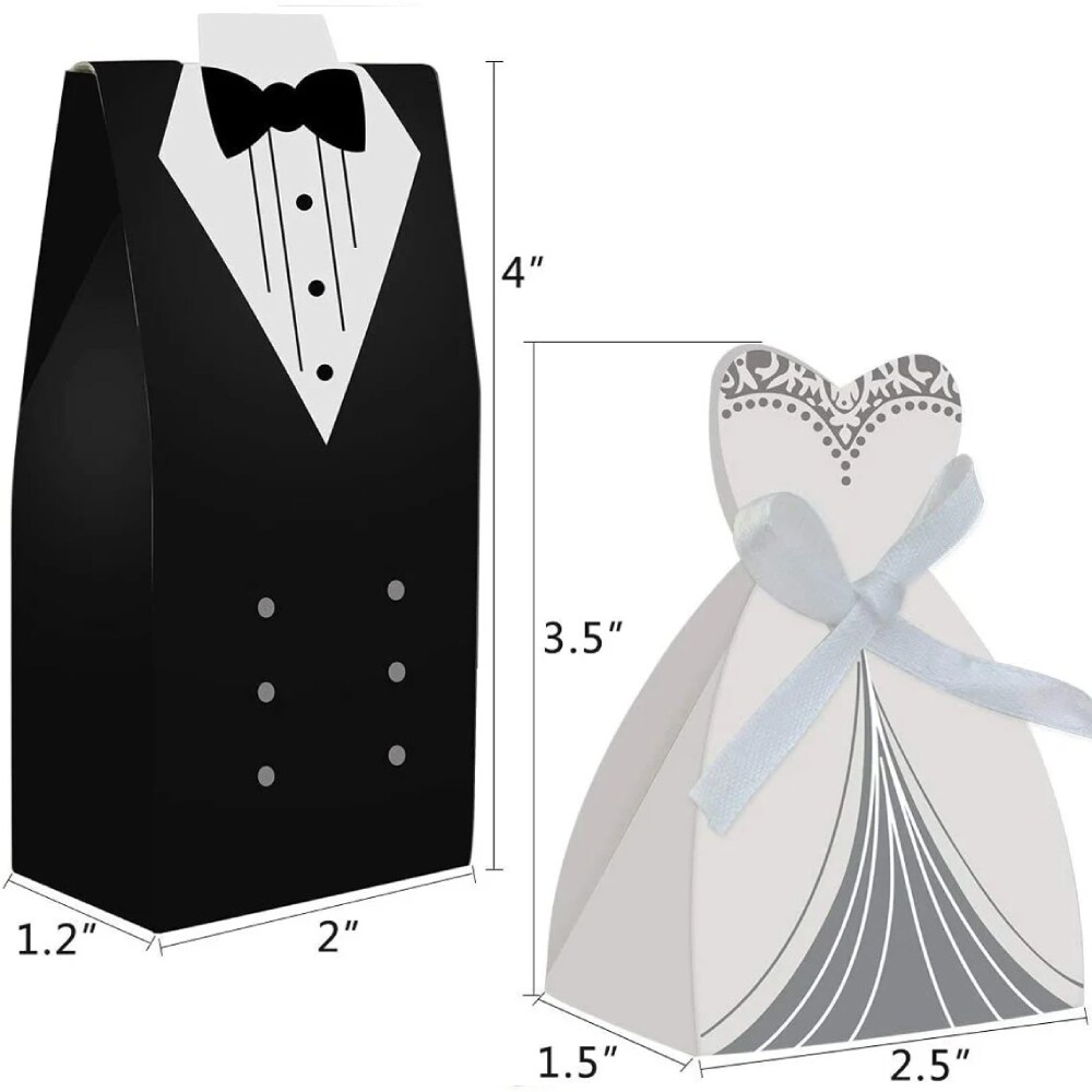 100 Pairs Wedding Party Favor Boxes Dress &#x26; Tuxedo Groom Bridal Candy Gift Box with Ribbon Wholesale Wedding Favors