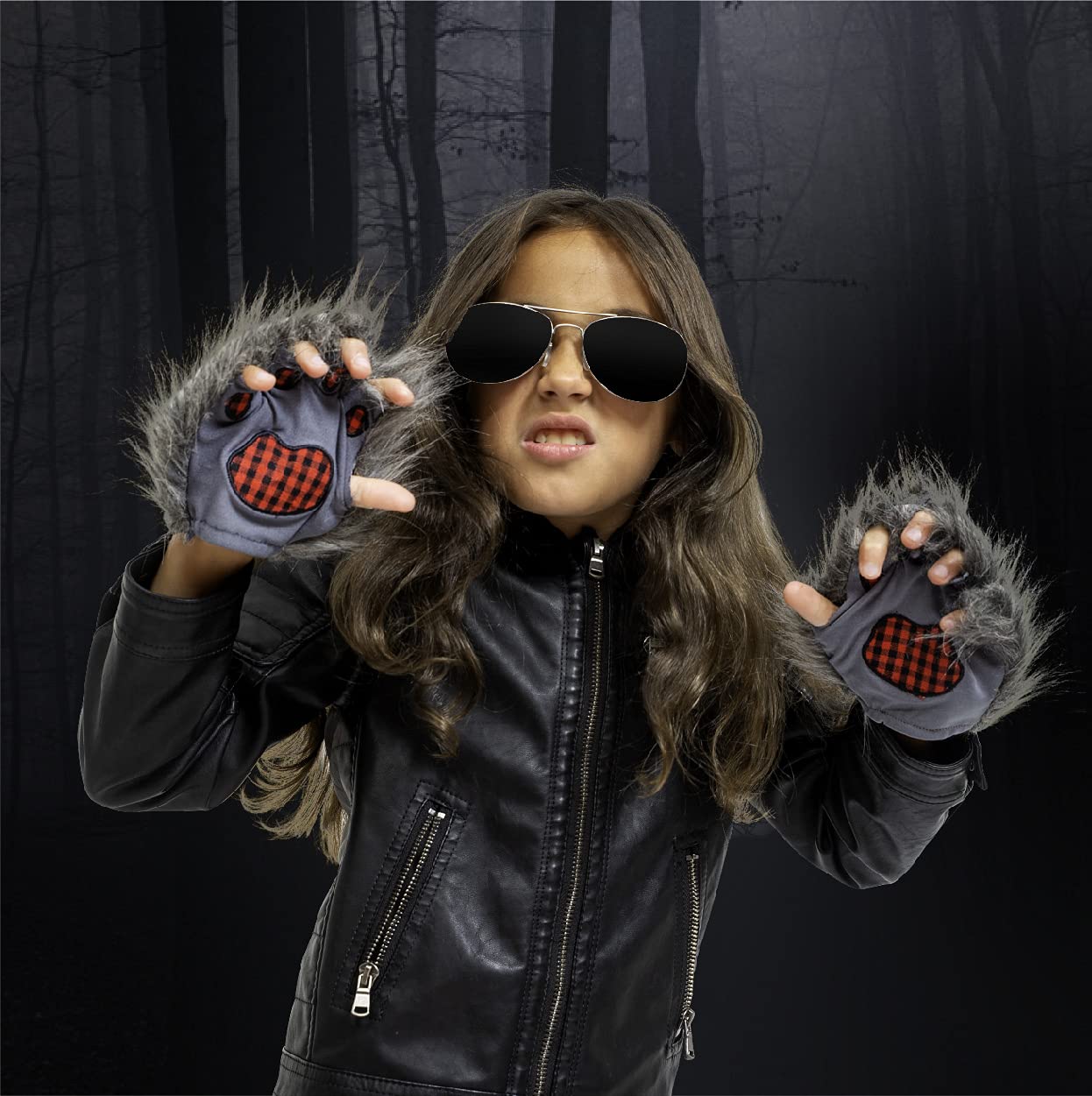 Wolf Paw Costume Gloves Grey Hairy Werewolf Claw Cuffs Hands Monster