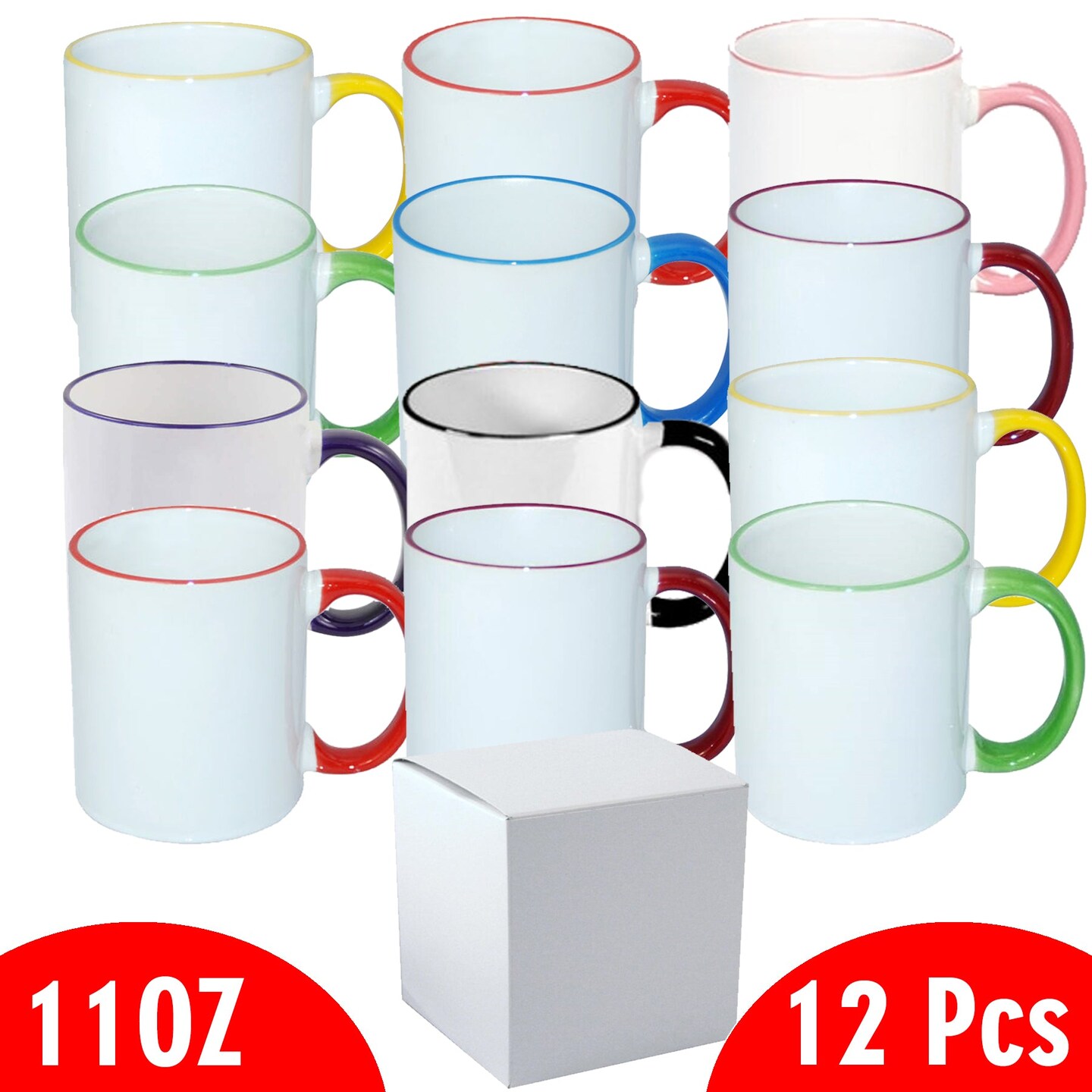 12 Pcs 11OZ MIXED colour Rim & Handle Sublimation Mugs With Individual White Boxes