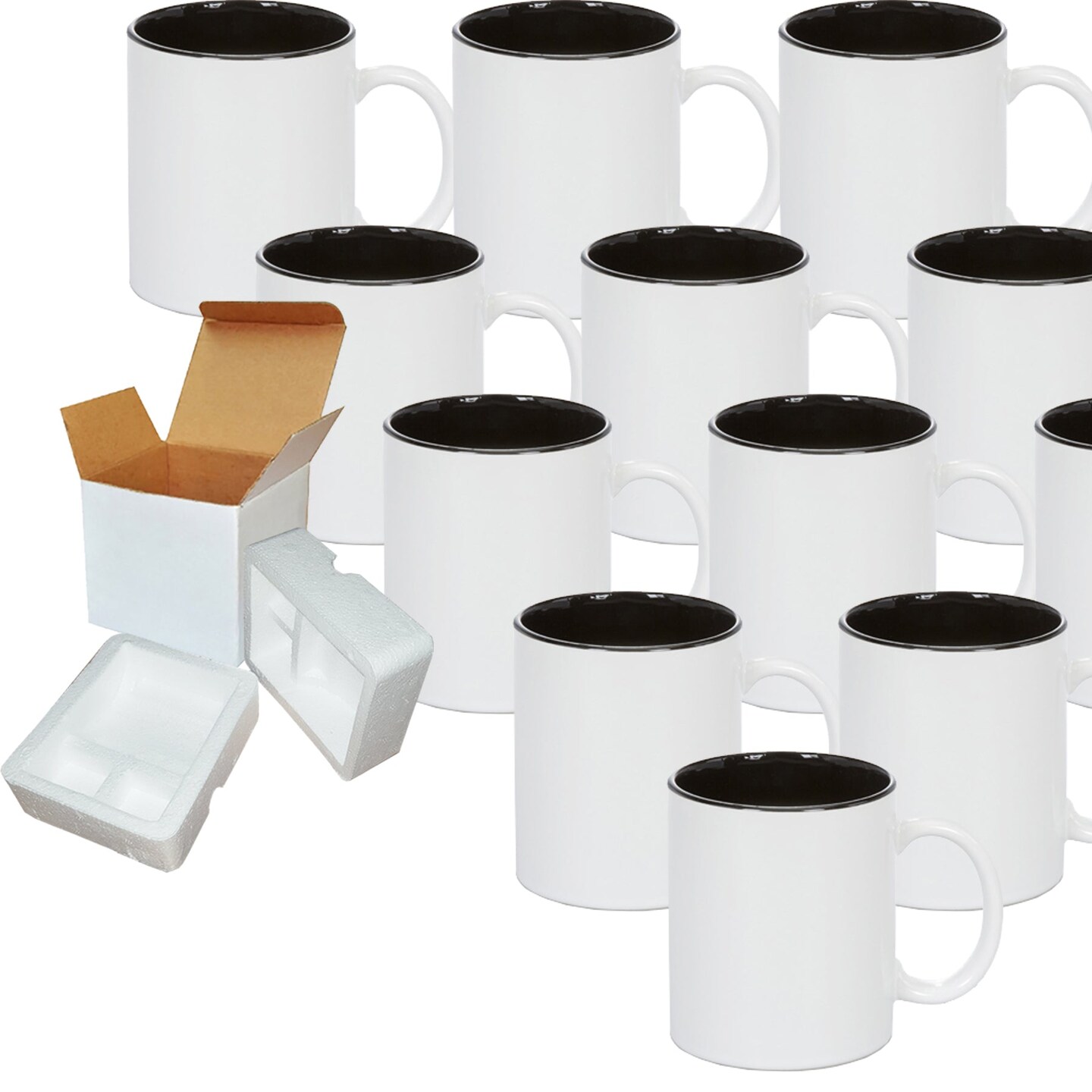 12 PACK 11oz BLACK Inside Two Tone Ceramic Sublimation Coffee Mug -  Cardboard Box with Foam Supports