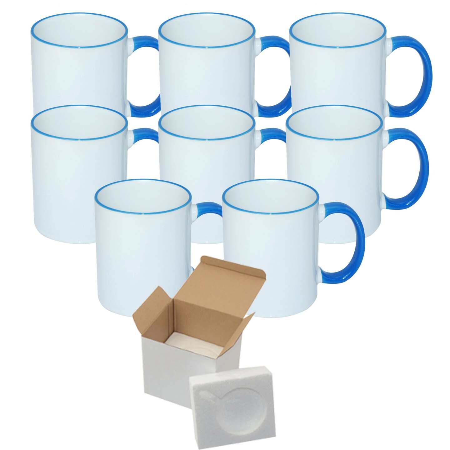 8 Pcs 11OZ Light Blue Rim & Handle Sublimation Mugs With Foam Support Boxes