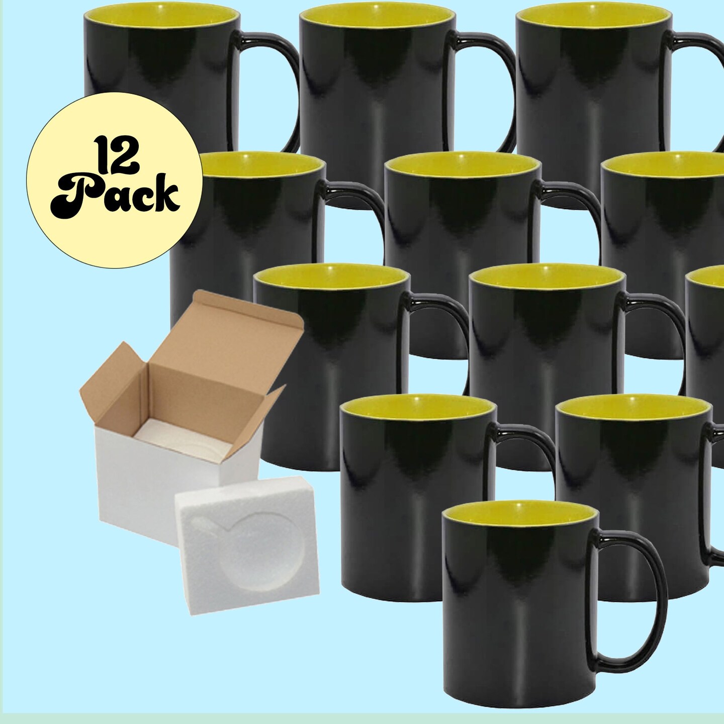 12 Pack 11oz Yellow Inner Magic Color Charging Sublimation Mugs - Cardboard Box with Foam Supports