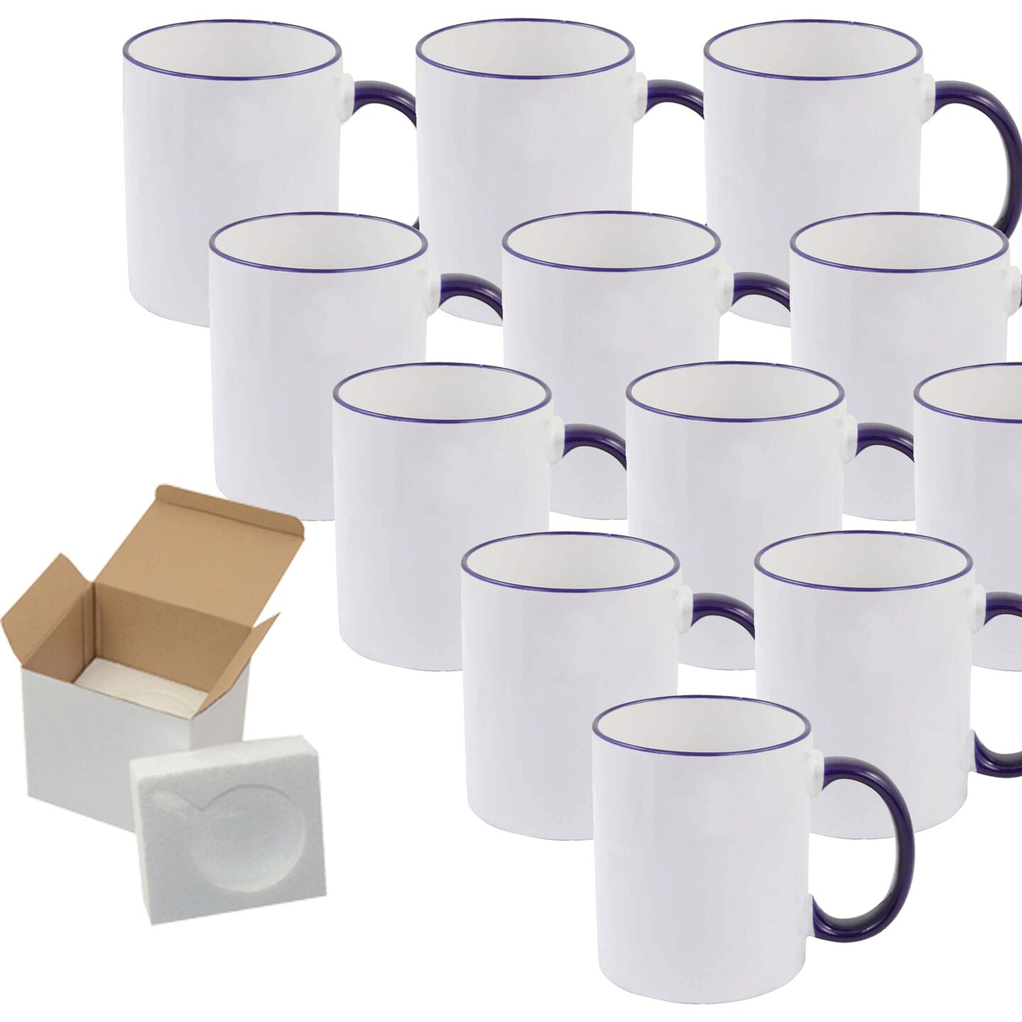 12 Pcs Dark Blue Sublimation 11oz Rim Handle Mug With Foam Support Boxes