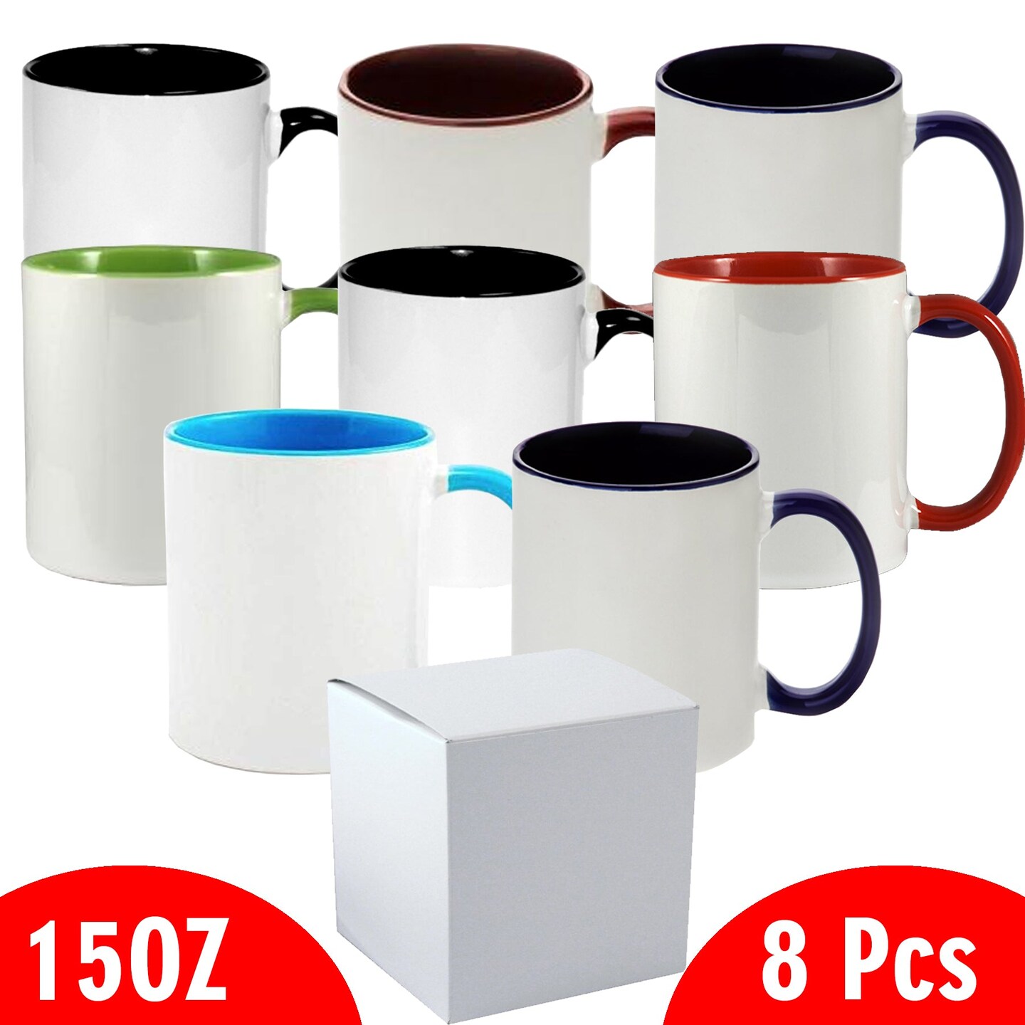8 Pcs 15OZ El Grande MIXED Color inner & Handle Sublimation Mugs With White Boxes