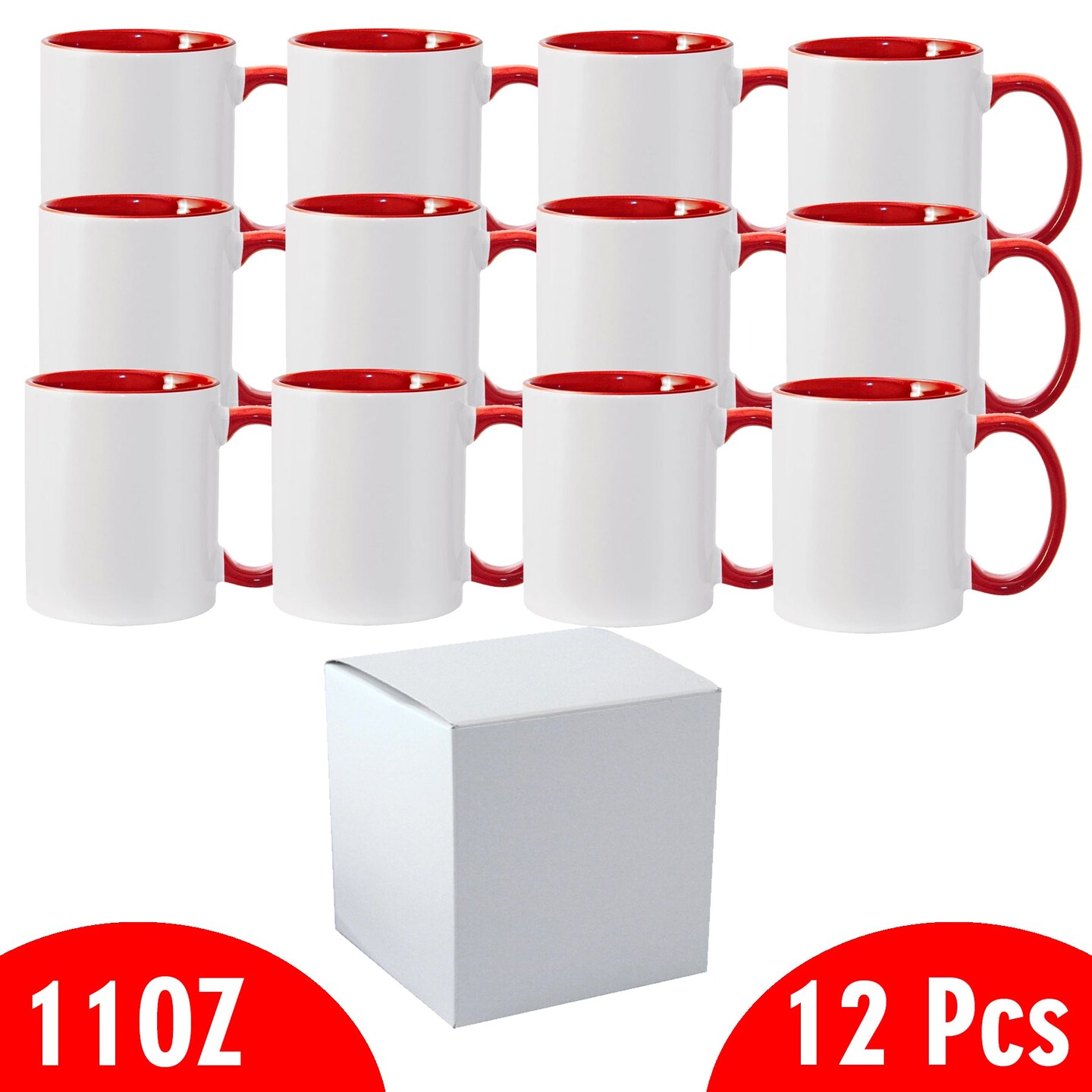 12 Pcs 11OZ Red Inner & Handle Sublimation Mugs With Individual White Boxes