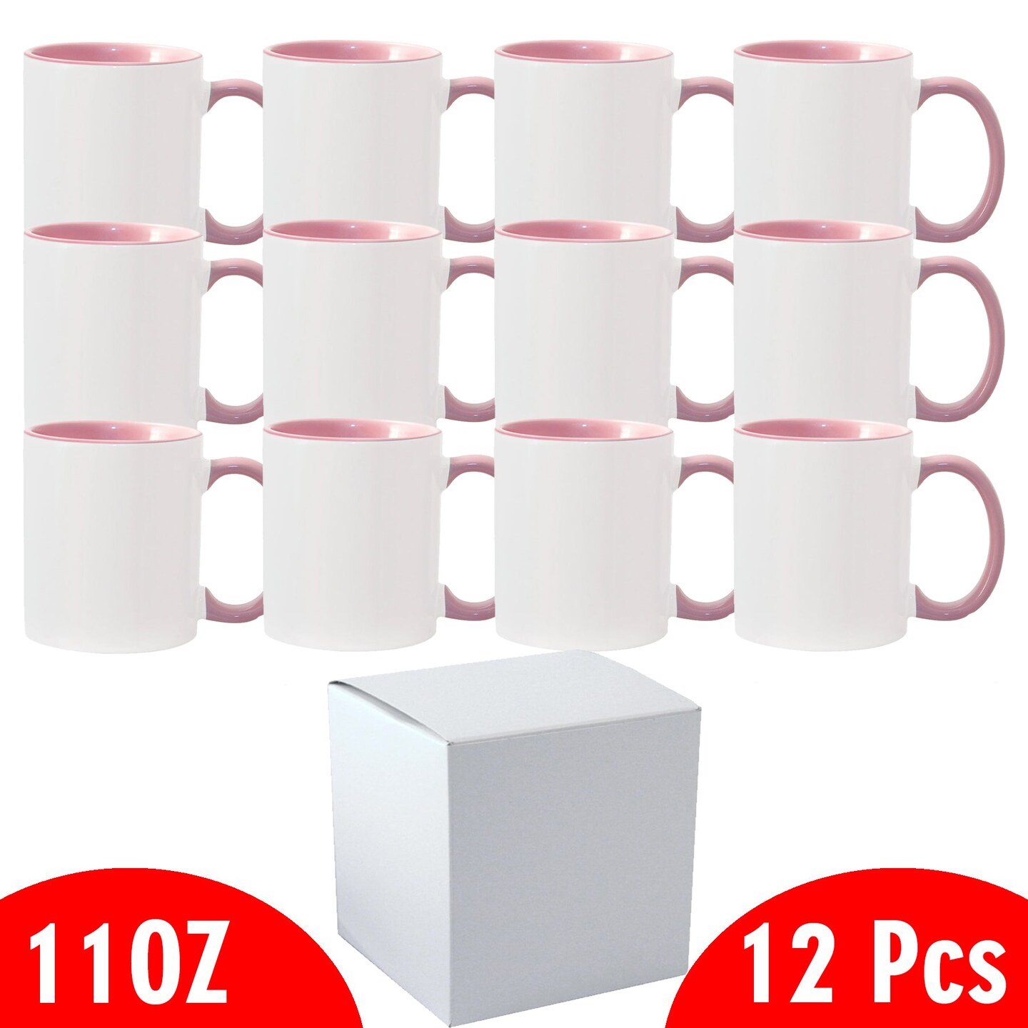 12 Pcs 11OZ Pink Inner & Handle Sublimation Mugs With Individual White Boxes