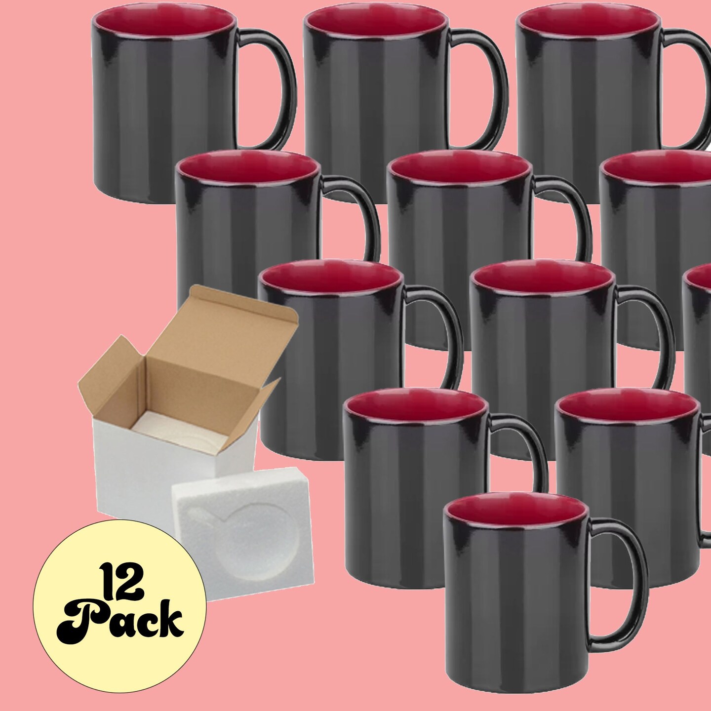 12 Pack 11oz Red Inner Magic Color Charging Sublimation Mugs - Cardboard Box with Foam Supports