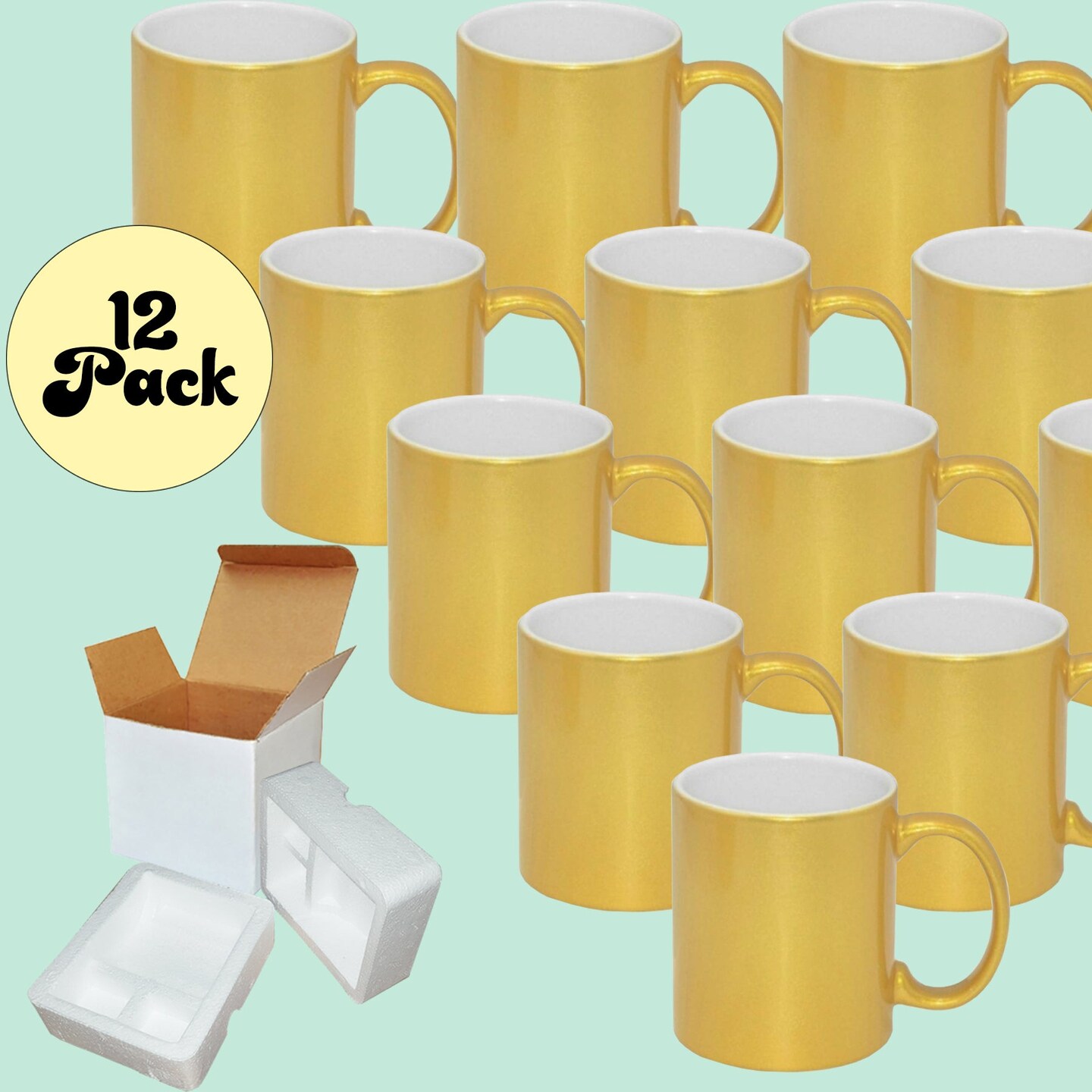 12 Pack of 11OZ METALLIC GOLD Sublimation Mug Coated Ceramic Mugs - Professional Grade - Sublimation Series - Cardboard Box with Foam Supports