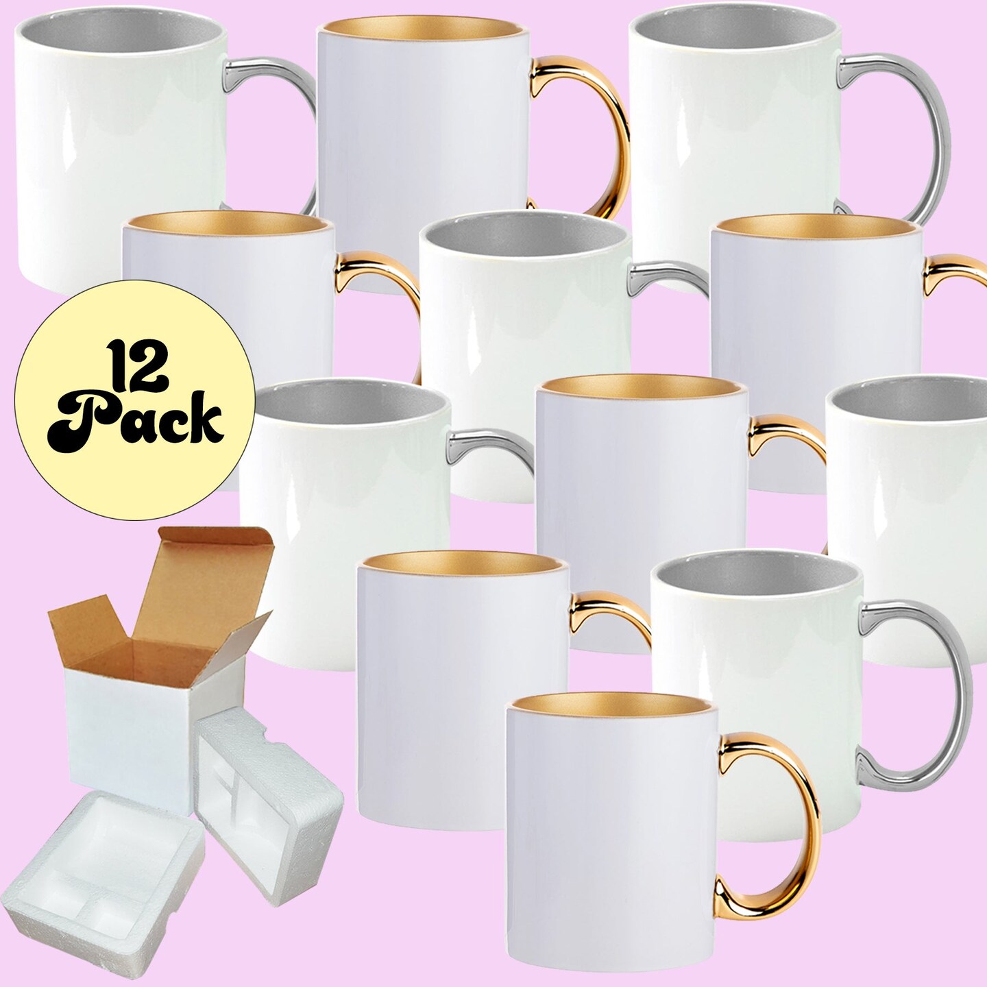 12 Pack 11 oz. SILVER & GOLD RIM & Handle- Ceramic Sublimation Mugs -  Professional Grade - With Individual White Gift Boxes