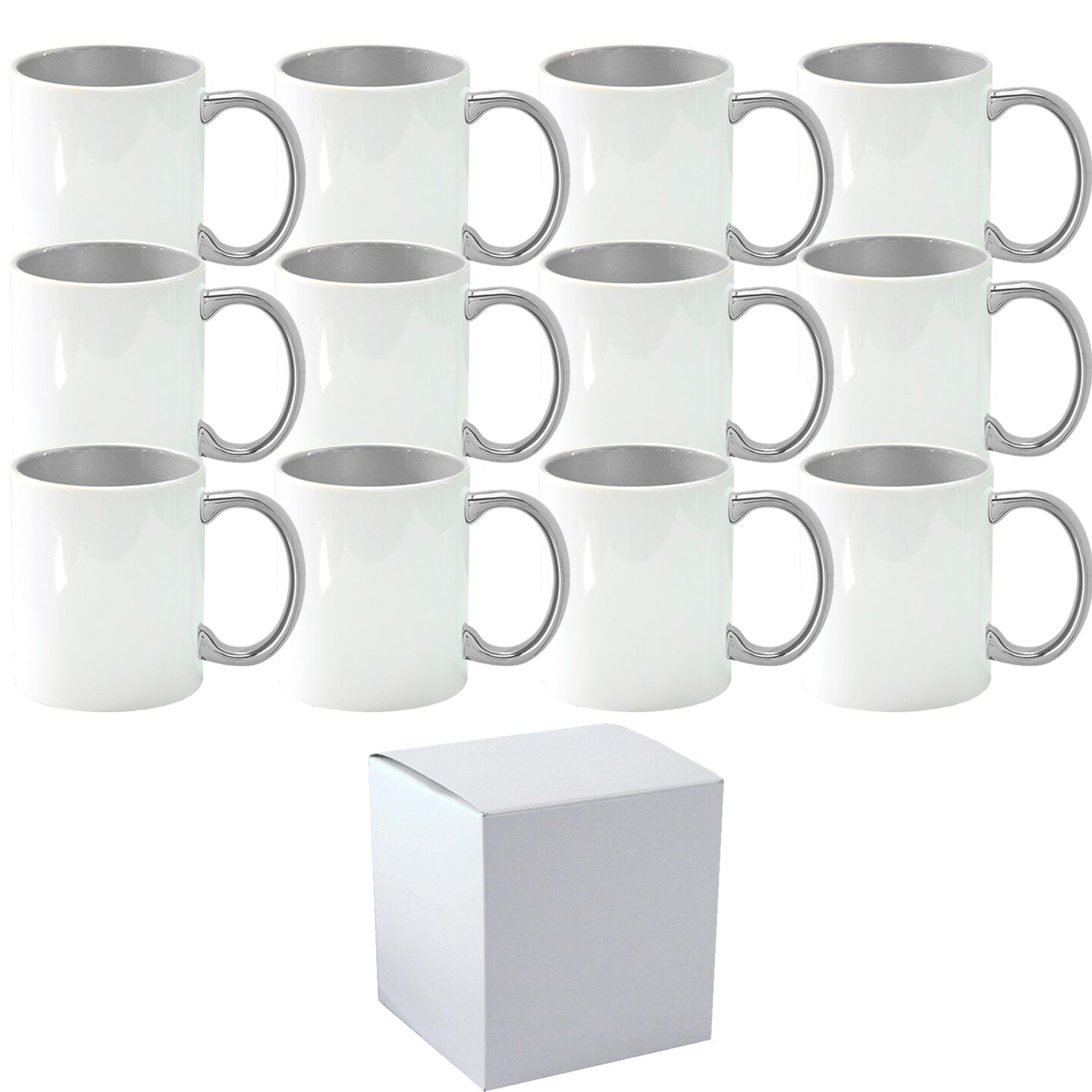 12 Pack 11 oz. SILVER Inner & Handle- Ceramic Sublimation Mugs - Professional Grade - With Individual White Gift Boxes