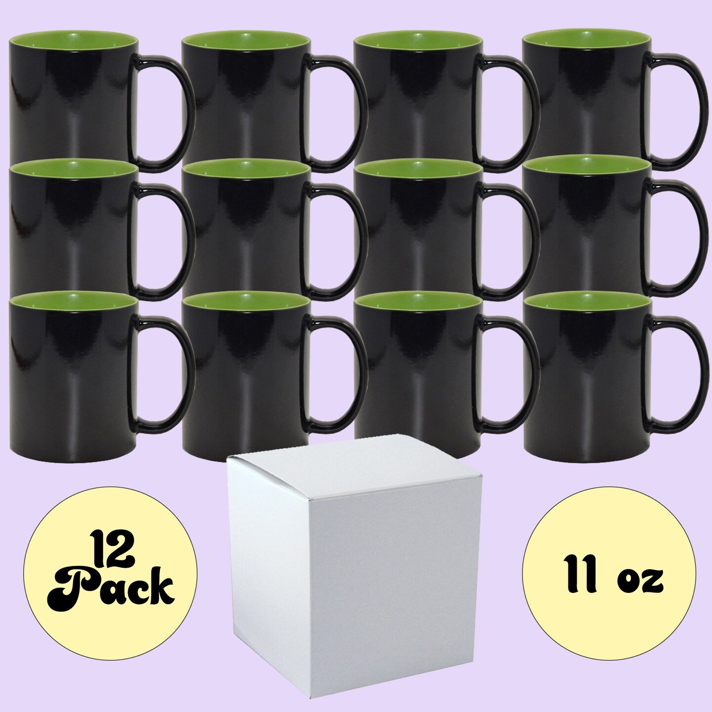 12 Pack 11 oz Magic Mugs GREEN INNER Professional Grade Sublimation Mug- Sublimation Series - With Individual White Gift Boxes