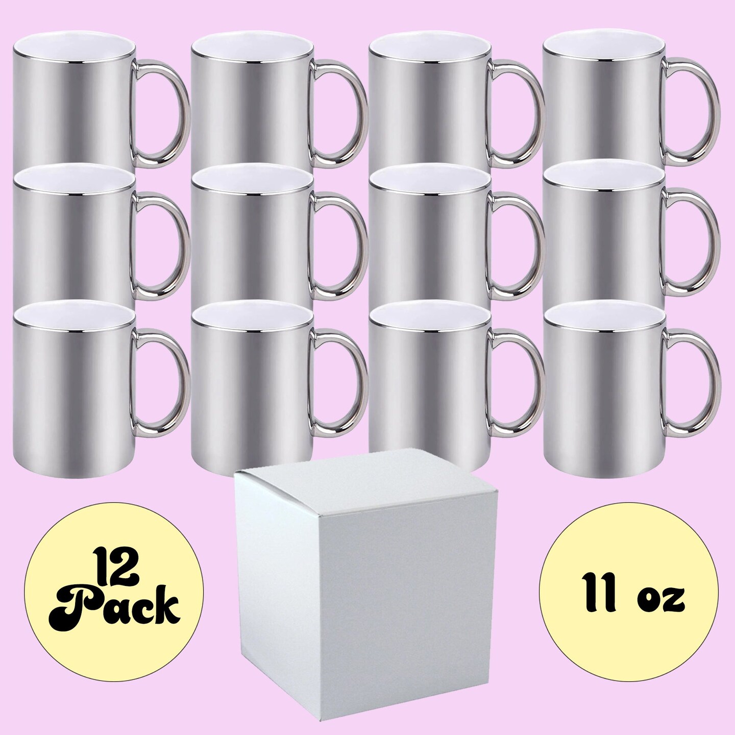 12 PACK 11 oz. METALLIC SILVER outer &#x26; Handle- Ceramic Sublimation Mugs - Professional Grade - With Individual White Gift Boxes