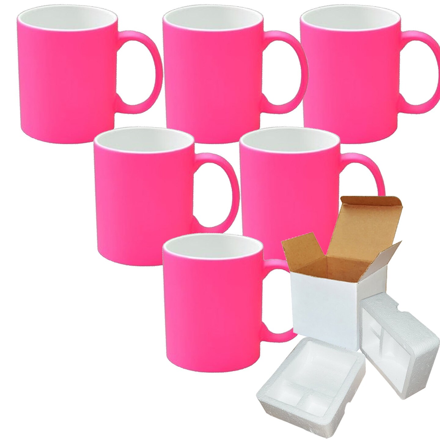 6 PACK 11OZ PINK Fluorescent / Neon Sublimation Mugs with Foam Supports Cardboard Boxes