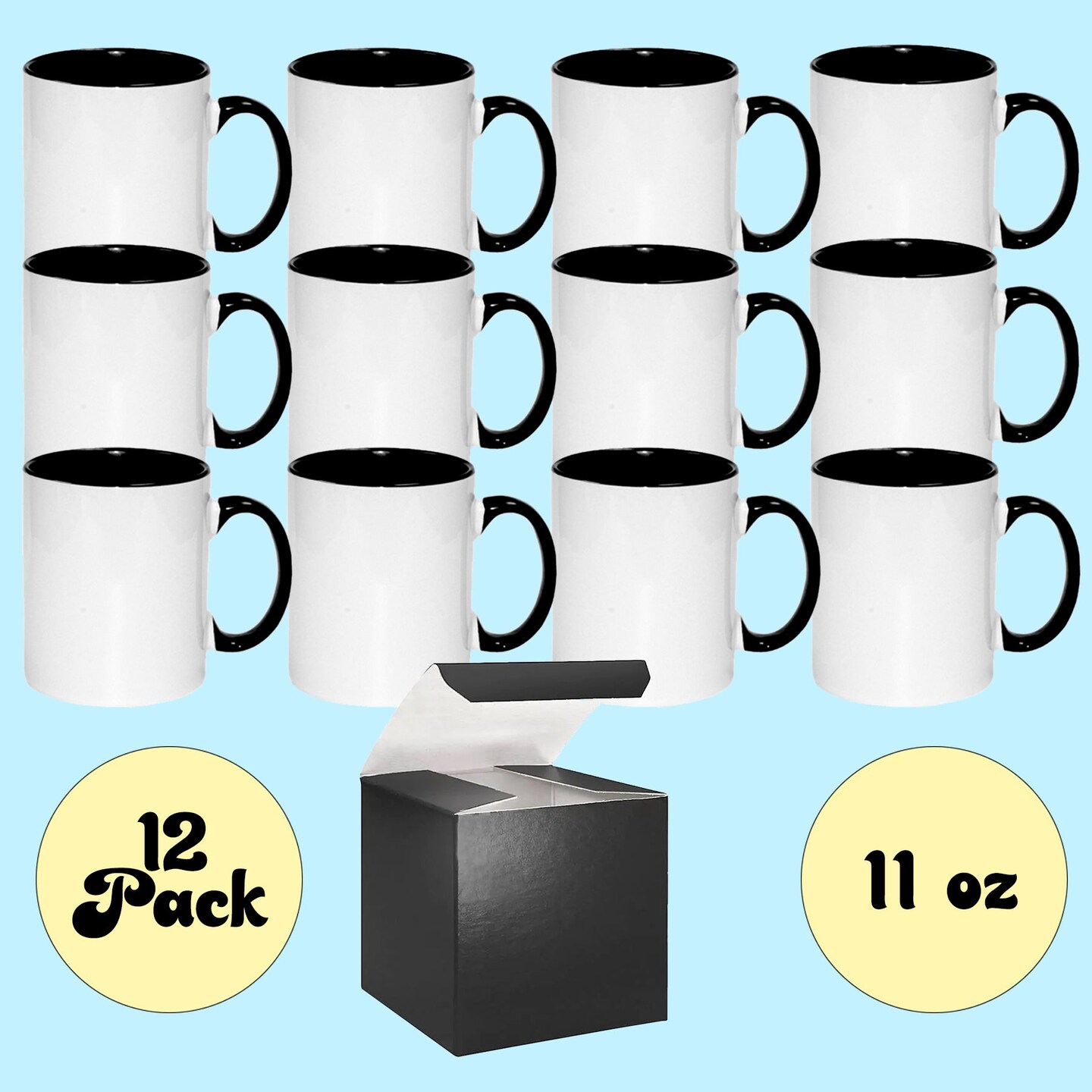 12 Pcs 11OZ Black Inner & Handle Sublimation Mugs With Individual BLACK Boxes