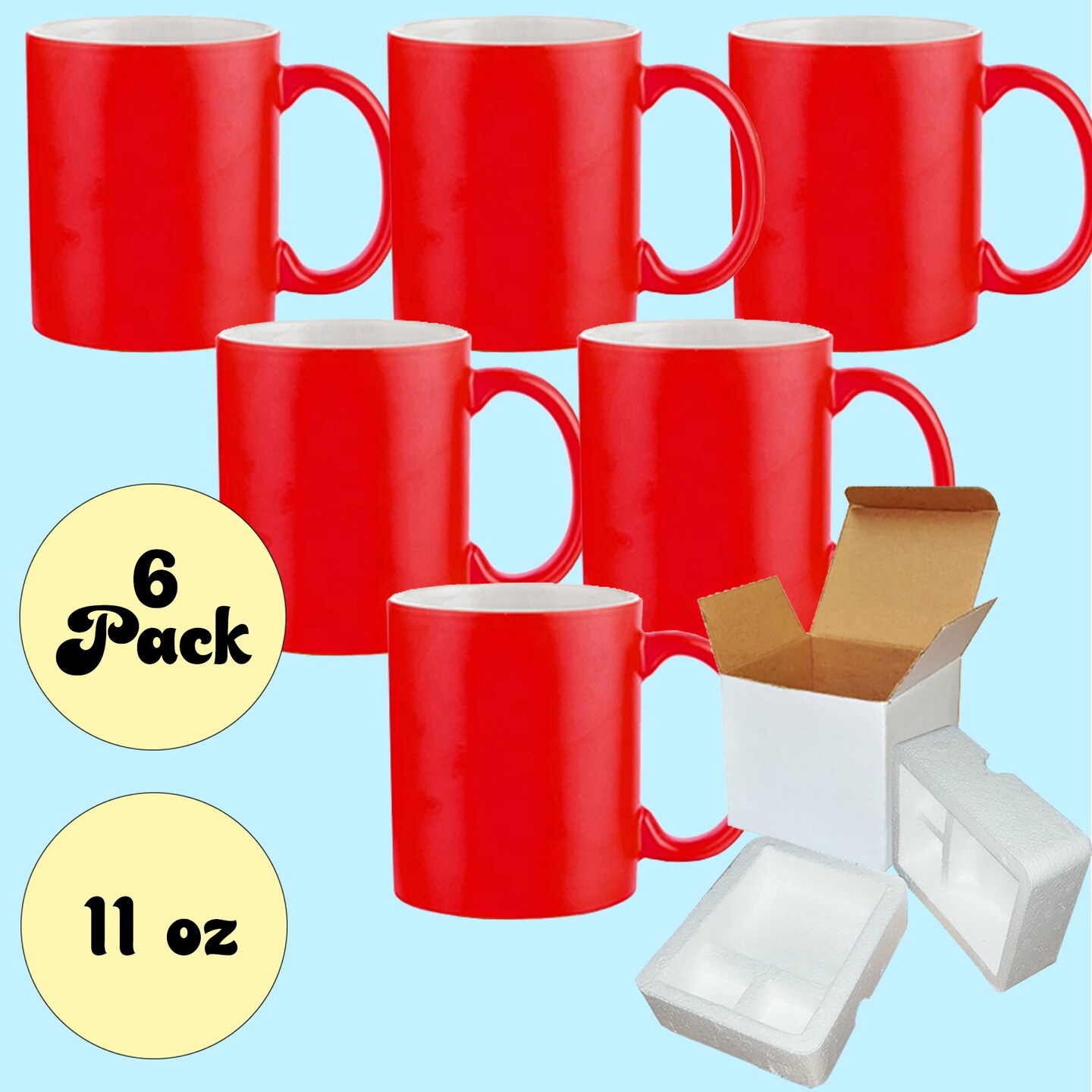 6 PACK 11OZ RED Fluorescent / Neon Sublimation Mugs with Foam Supports Cardboard Boxes
